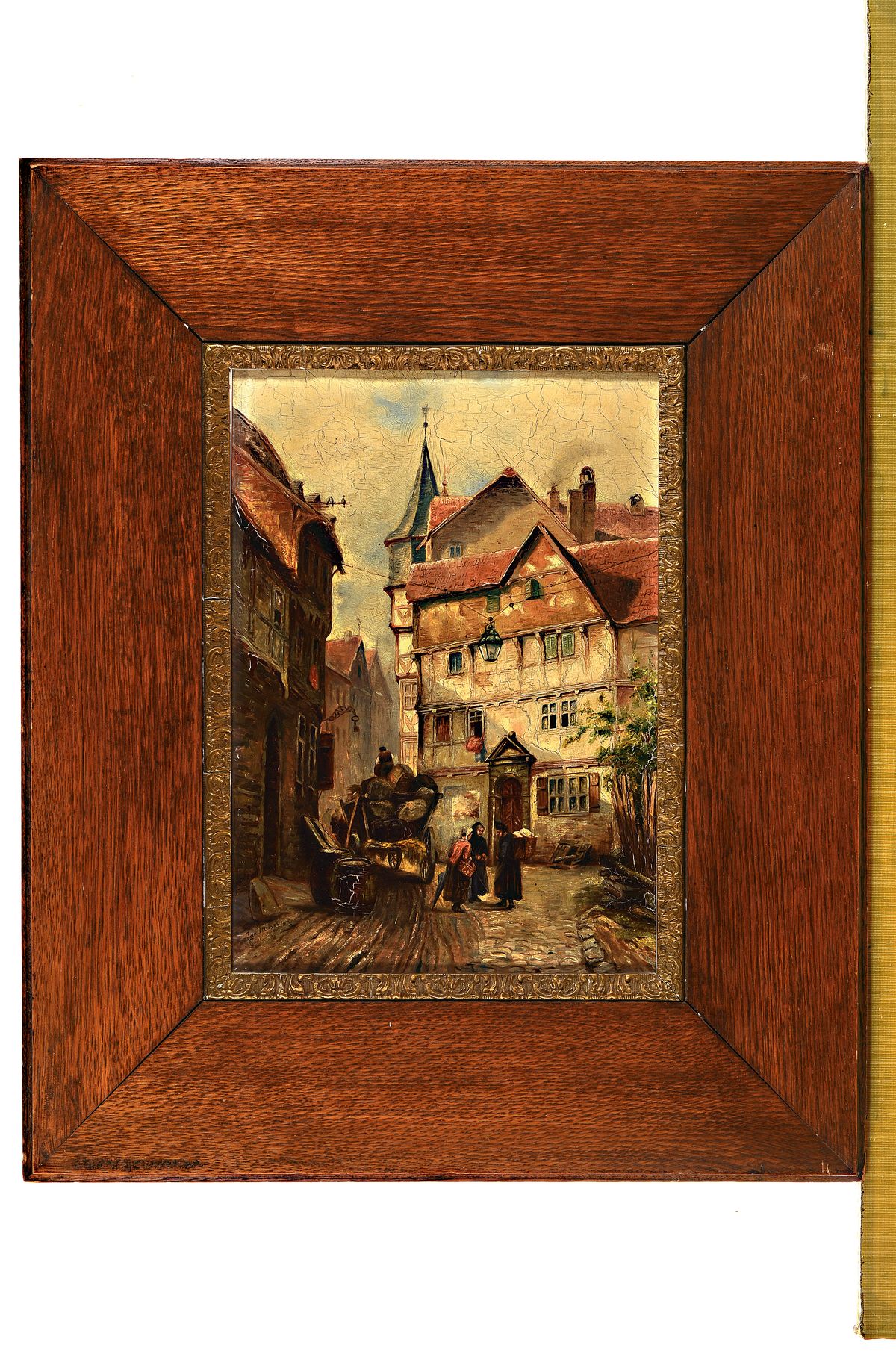Detail k: Ida Hahn, dat. 97, Stadtansicht mit Personen, Öl/Mahagoni, signiert und dat., ca. 35.5 x 25.5 cm, krakeliert, breiter Holzrahmen, ca. 57 x 47 cm