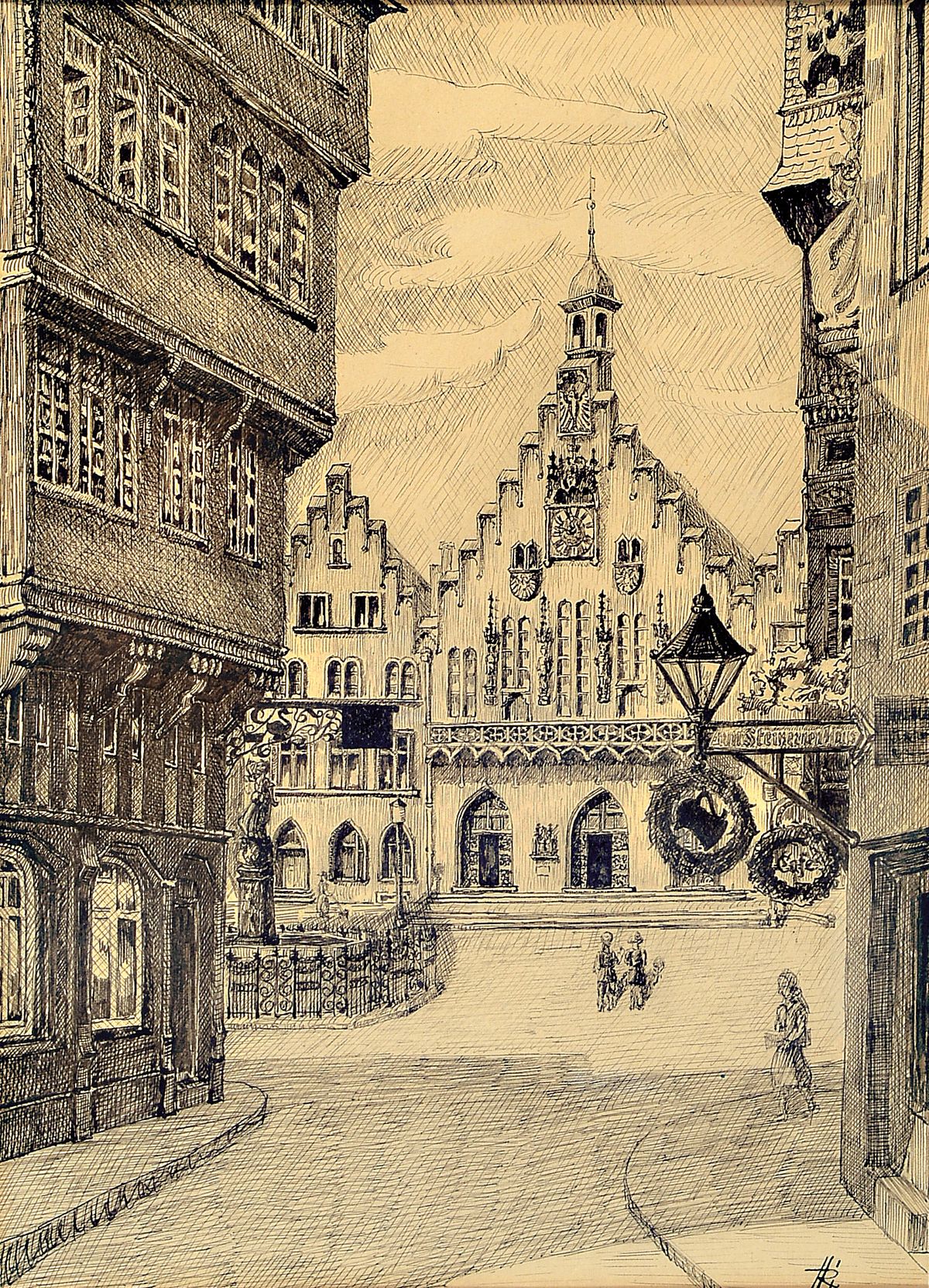 Heinz Richter, zwei Zeichnungen mit Ansichten von Frankfurt, re. unten monogrammiert, ca.15 x 17 cm, unter Glas, Rahmen 48 x 36 cm