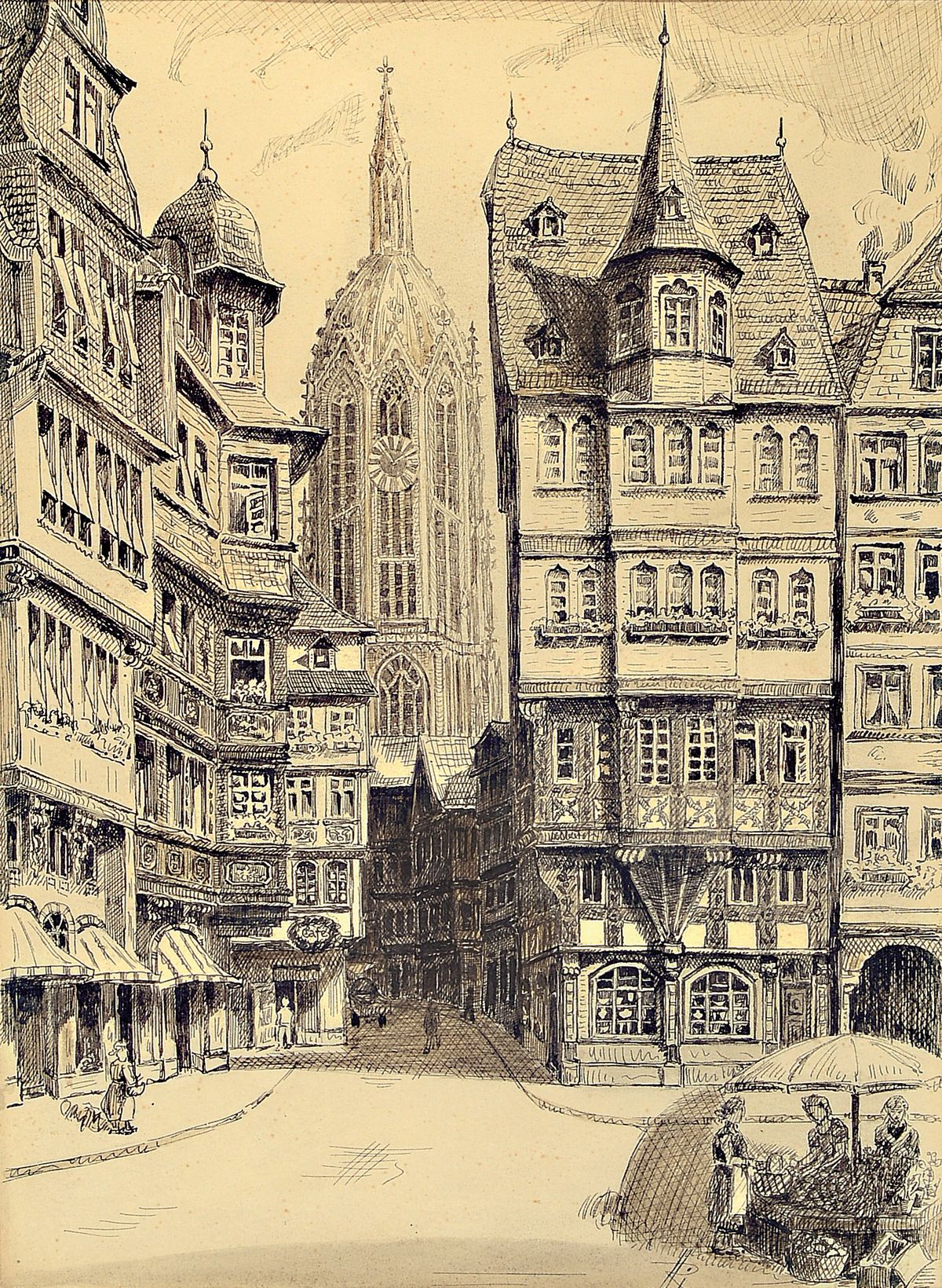 Detail a: Heinz Richter, zwei Zeichnungen mit Ansichten von Frankfurt, re. unten monogrammiert, ca.15 x 17 cm, unter Glas, Rahmen 48 x 36 cm