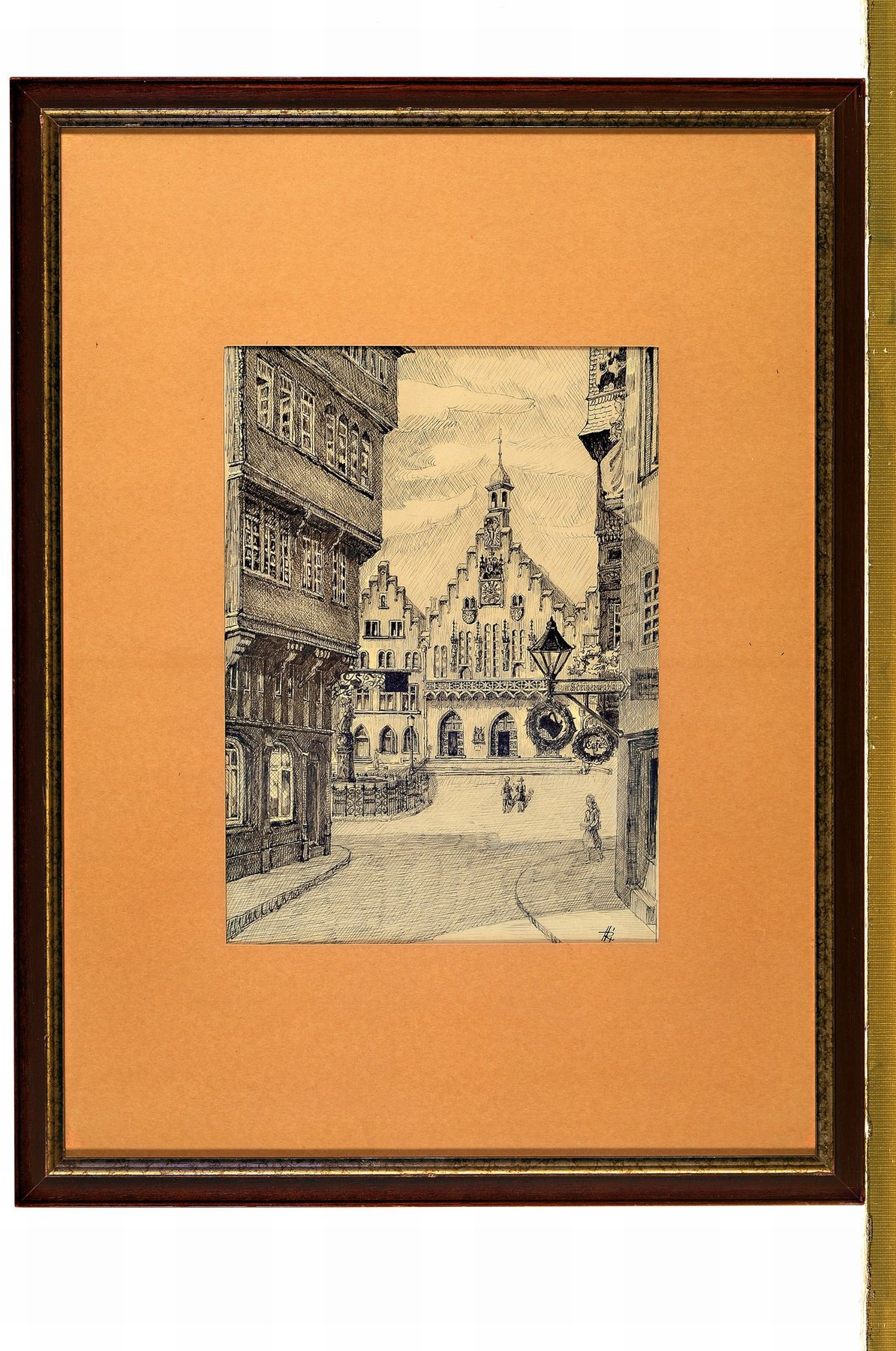 Detail k: Heinz Richter, zwei Zeichnungen mit Ansichten von Frankfurt, re. unten monogrammiert, ca.15 x 17 cm, unter Glas, Rahmen 48 x 36 cm