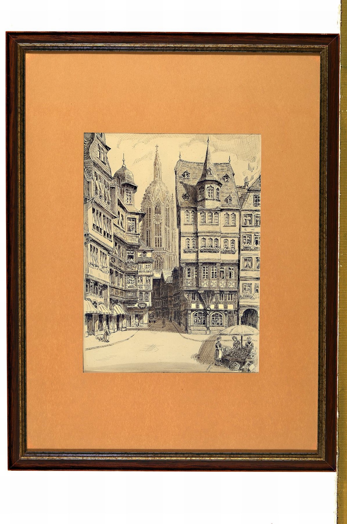 Detail l: Heinz Richter, zwei Zeichnungen mit Ansichten von Frankfurt, re. unten monogrammiert, ca.15 x 17 cm, unter Glas, Rahmen 48 x 36 cm