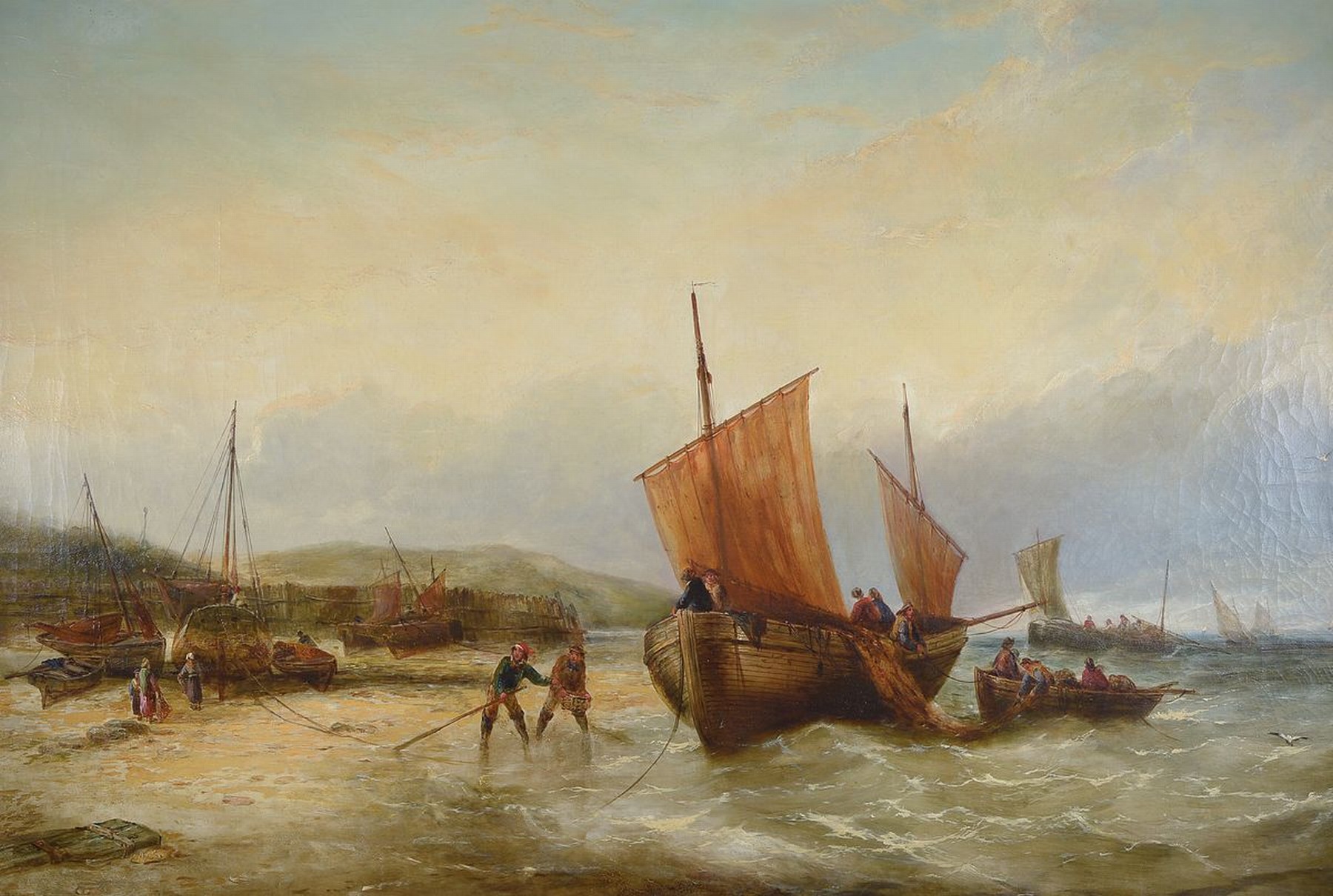 wohl Niederländischer Maler, um 1900, Fischer an der Küste, Öl/Lwd, unsigniert, ältere Restauration, ca. 75 x 110 cm, Prunkrahmen