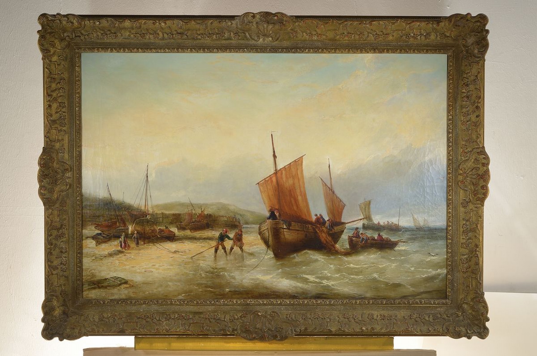 Detail k: wohl Niederländischer Maler, um 1900, Fischer an der Küste, Öl/Lwd, unsigniert, ältere Restauration, ca. 75 x 110 cm, Prunkrahmen