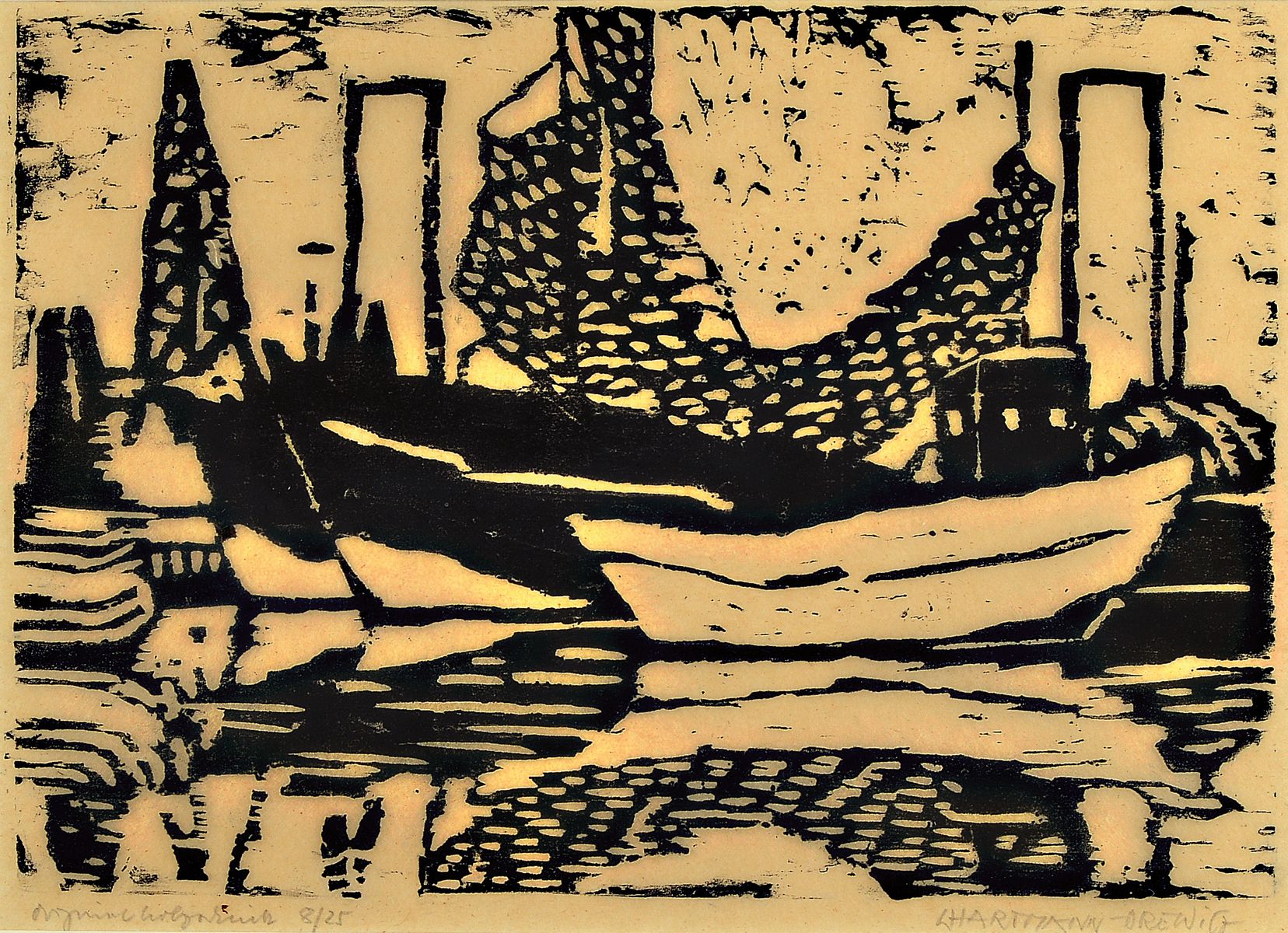 Hermann Hartmann-Drewitz, 1879 Berlin - 1966 Euten, original Holzschnitt, Hafenansicht, handsigniert, num. 8/25, ca. 24 x 33 cm, unter Glas, Rahmen