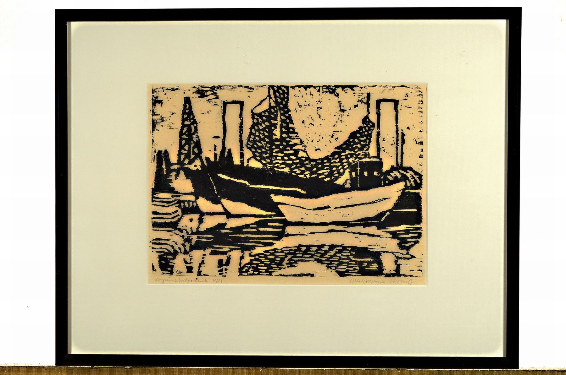 Detail k: Hermann Hartmann-Drewitz, 1879 Berlin - 1966 Euten, original Holzschnitt, Hafenansicht, handsigniert, num. 8/25, ca. 24 x 33 cm, unter Glas, Rahmen