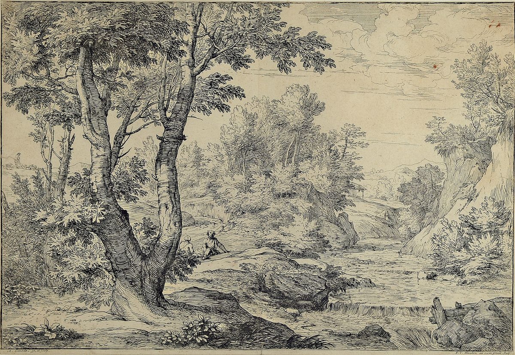 Abraham Genoels, 1640 - 1723, Les gros arbres a double tronc, Waldlandschaft, Kupferstich, bezeichnet, 32.5 x 48 cm, unter Glas, Rahmen, PP., ca. 51 ...