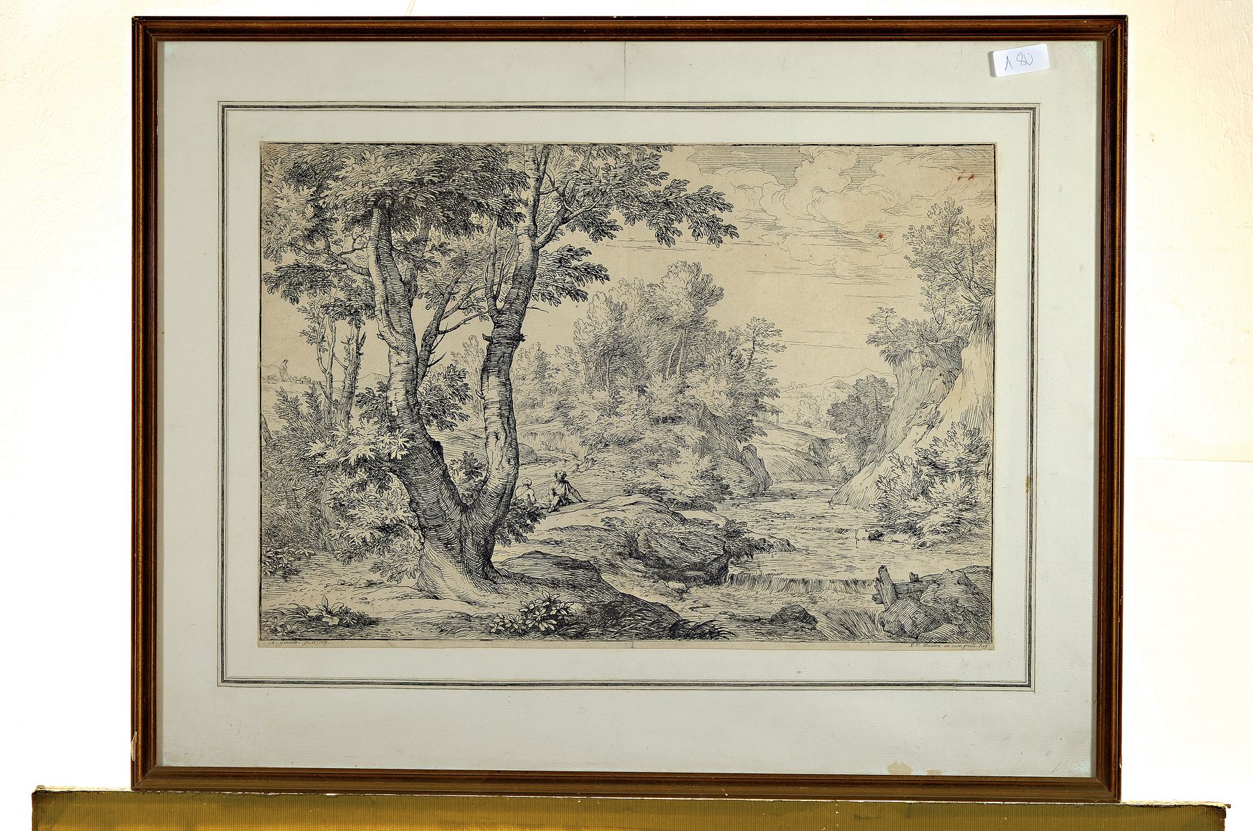 Detail k: Abraham Genoels, 1640 - 1723, Les gros arbres a double tronc, Waldlandschaft, Kupferstich, bezeichnet, 32.5 x 48 cm, unter Glas, Rahmen, PP., ca. 51 ...