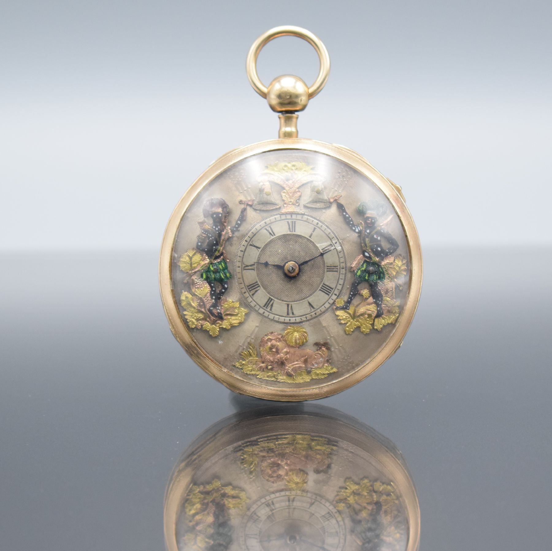 Spindeluhr mit Jacquemart und 1/4-Repetition, Frankreich/Schweiz um 1820, verg. Silbergeh. dell., rücks. blau emailliert, guill. Silberzifferbl., ...
