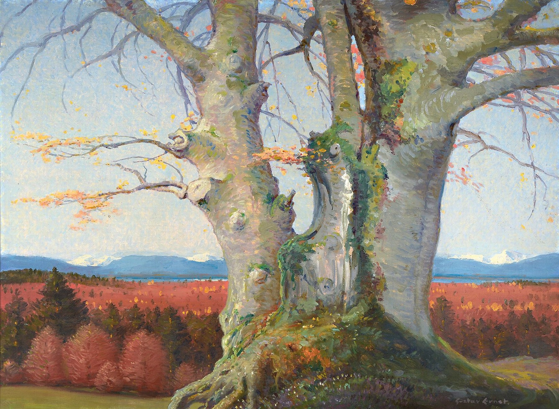 Gustav Ernst, 1858 Elsterberg -1945 Bad Dürkheim, Knorriger Baum vor Alpenpanorama, in Anspielung auf Carl David Friedrich, Zentralkomposition des ...