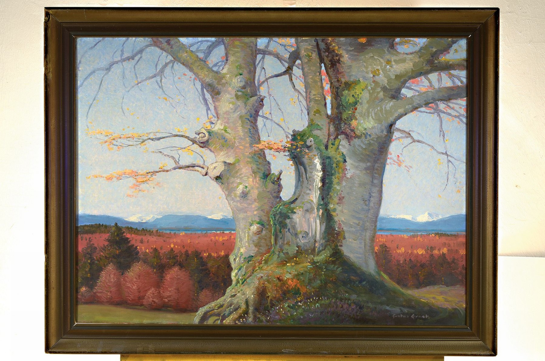 Detail k: Gustav Ernst, 1858 Elsterberg -1945 Bad Dürkheim, Knorriger Baum vor Alpenpanorama, in Anspielung auf Carl David Friedrich, Zentralkomposition des ...