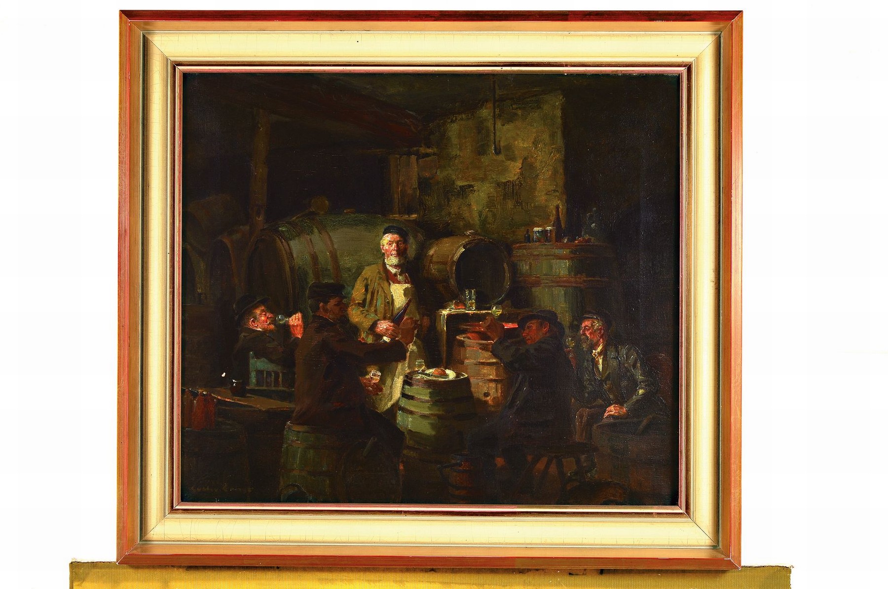 Detail k: Gustav Ernst, 1858 Elsterberg-1945 Bad Dürkheim, Weinprobe im Keller, reiche Beschreibung von fünf Genießern in verschiedener stiltypischer Pose ...