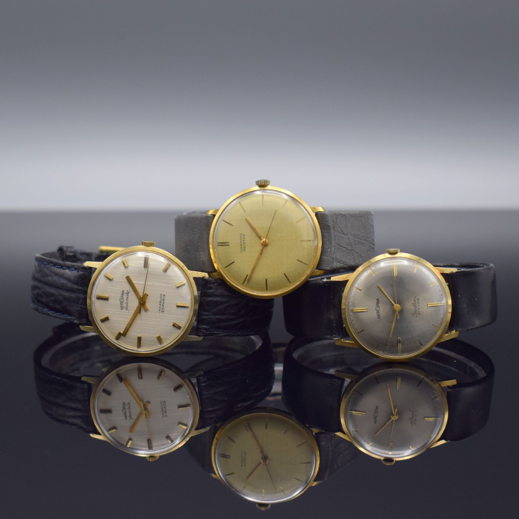 Konvolut 2 BERGANA Herrenuhren in GG 585/000 & 1 x JUNGHANS Meister vergoldet, Deutschland um 1960, Handaufzug/Automatik, gedr. Geh., silb. ...