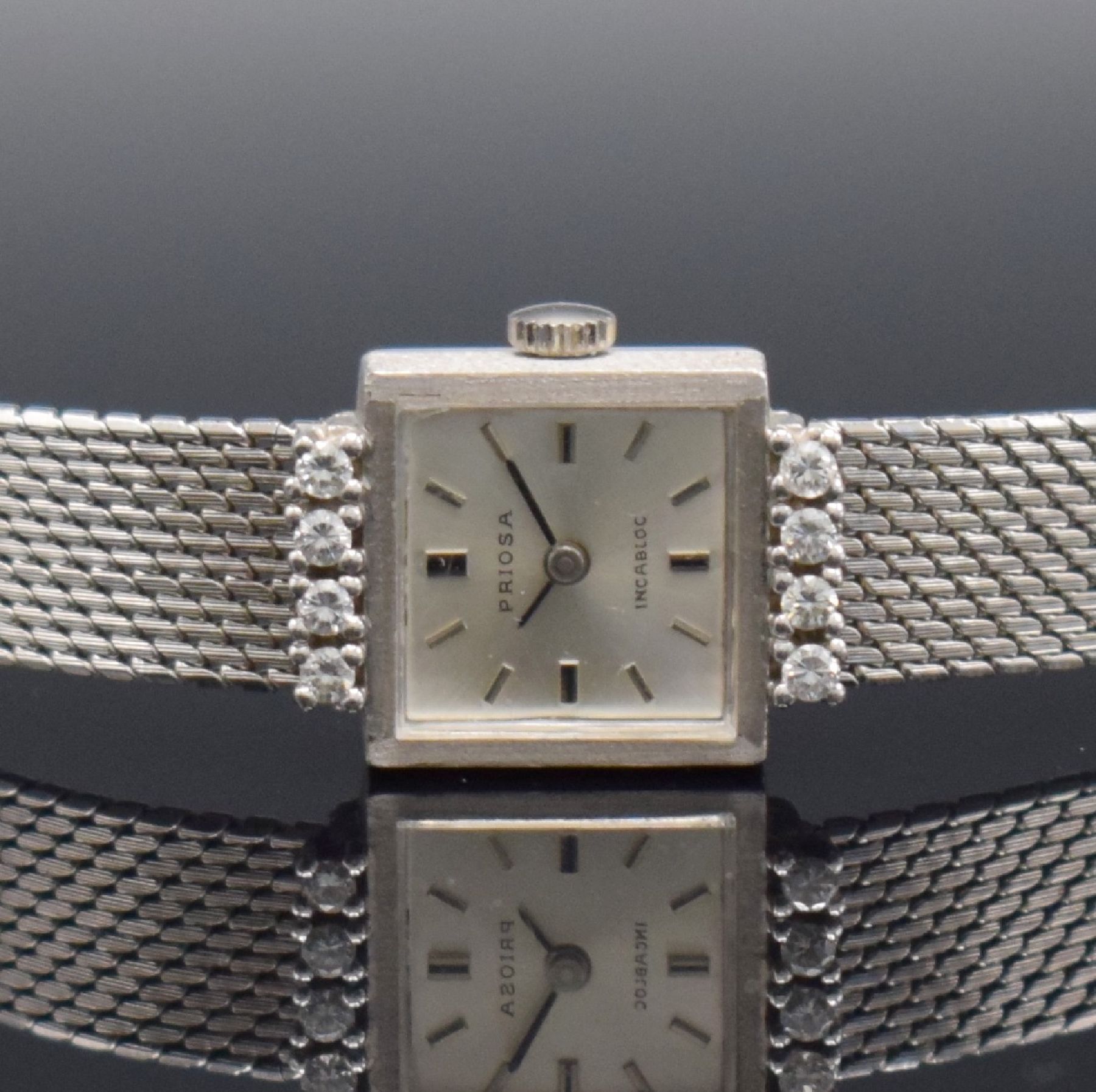 Detail a: PRIOSA diamantbesetzte Damenarmbanduhr in WG 585/000, Deutschland/Schweiz um 1960, Handaufzug, gedr. Geh. am Bandansatz m. 8 Diamanten bes., silb. ...