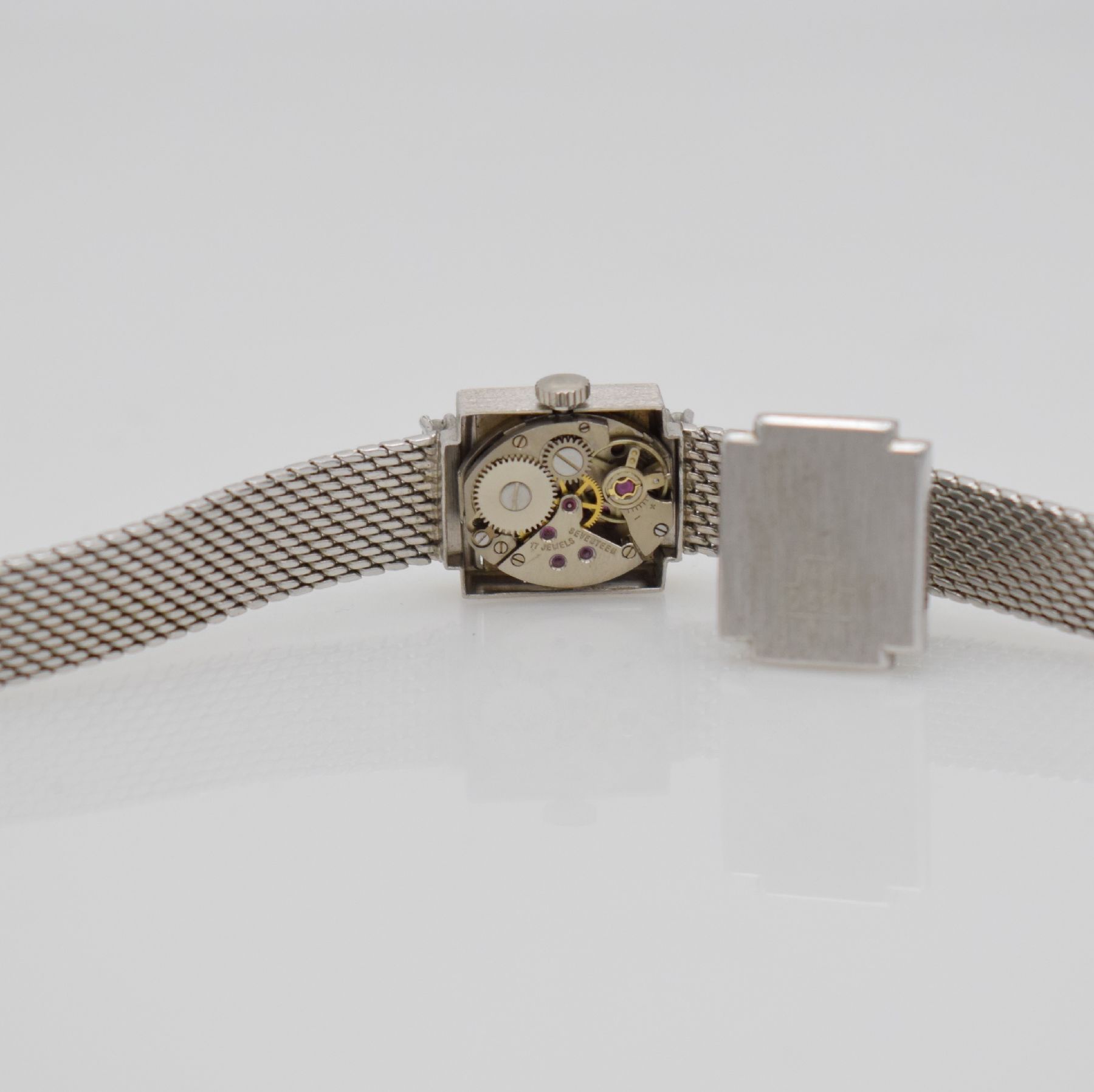 Detail h: PRIOSA diamantbesetzte Damenarmbanduhr in WG 585/000, Deutschland/Schweiz um 1960, Handaufzug, gedr. Geh. am Bandansatz m. 8 Diamanten bes., silb. ...