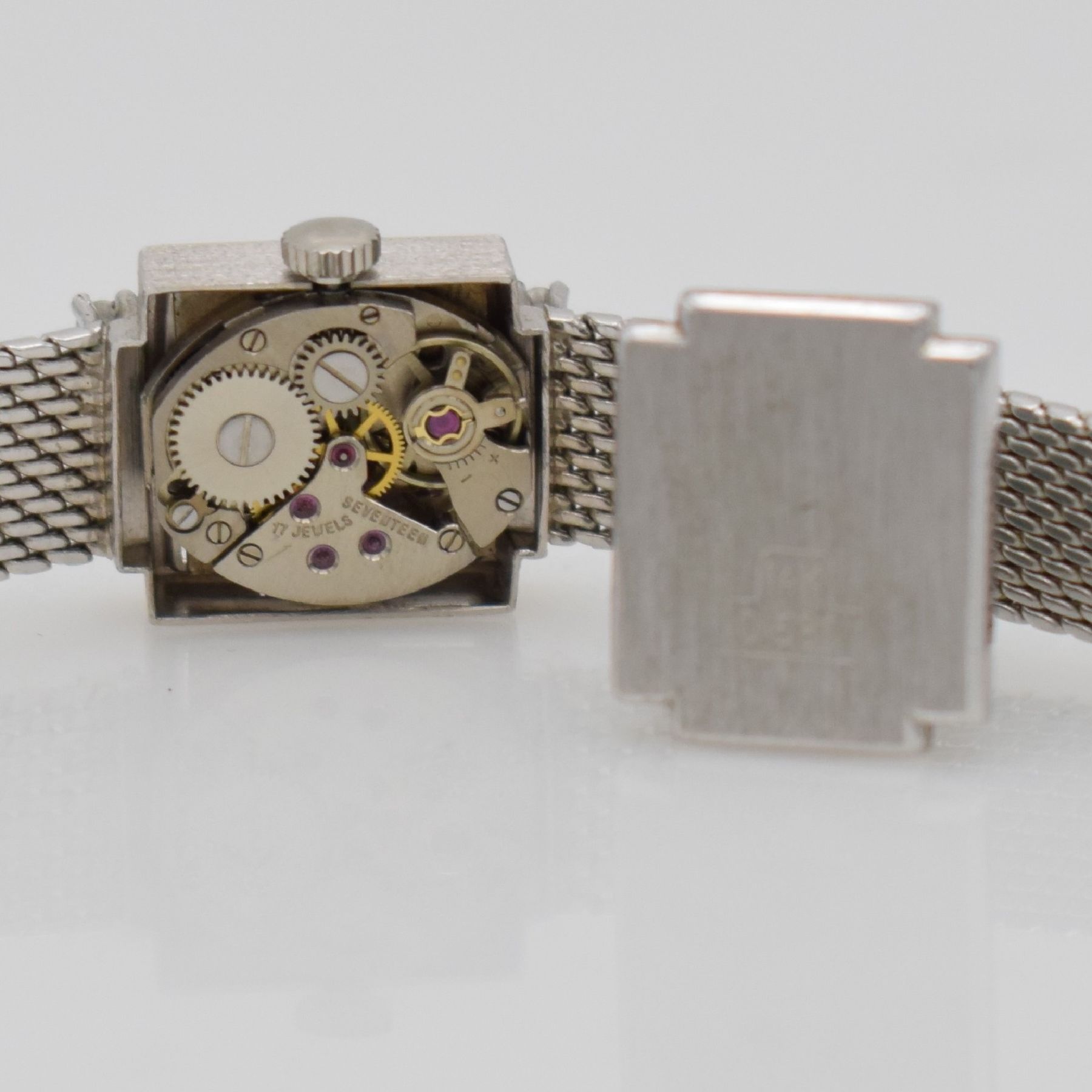 Detail i: PRIOSA diamantbesetzte Damenarmbanduhr in WG 585/000, Deutschland/Schweiz um 1960, Handaufzug, gedr. Geh. am Bandansatz m. 8 Diamanten bes., silb. ...