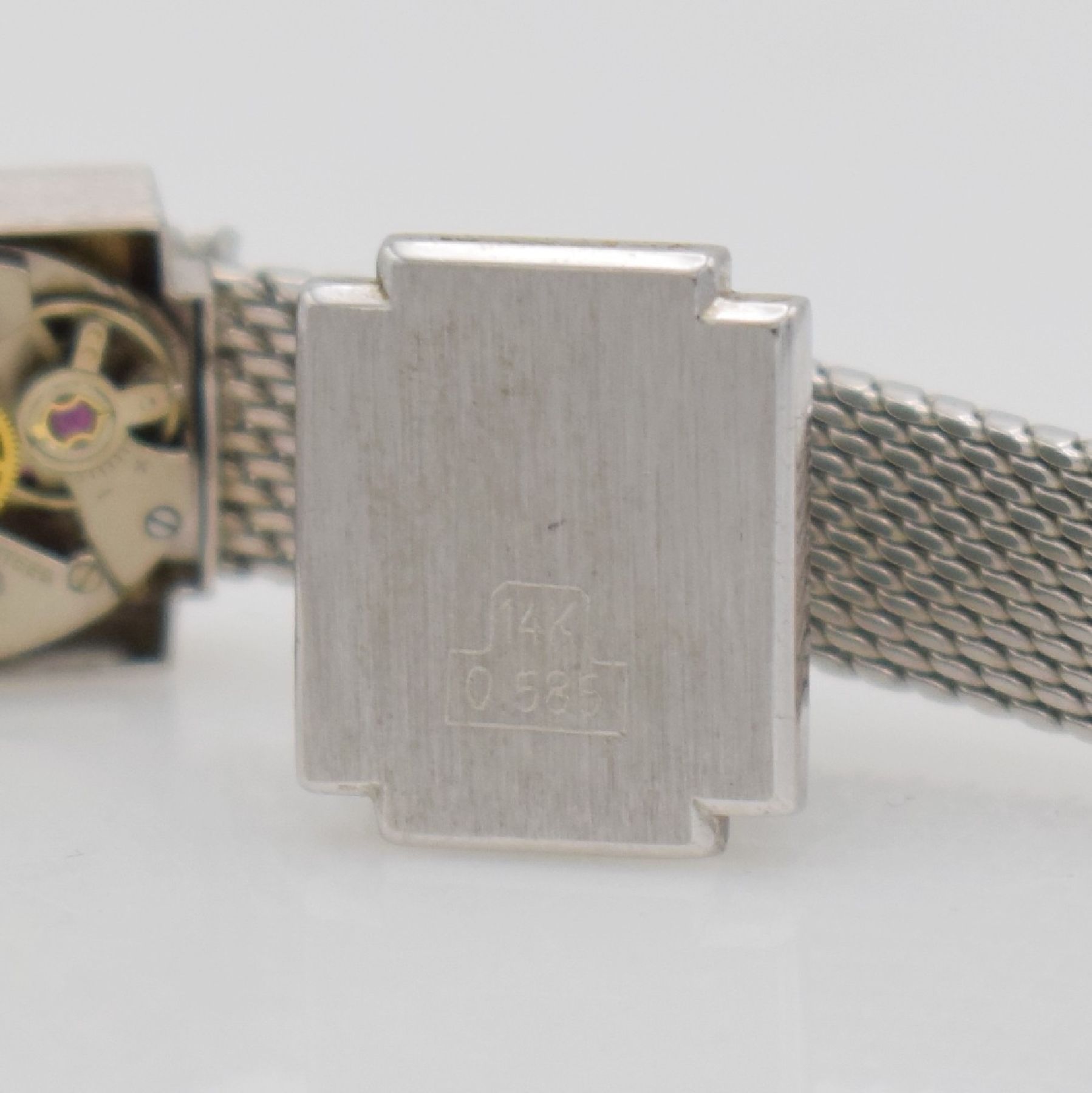 Detail j: PRIOSA diamantbesetzte Damenarmbanduhr in WG 585/000, Deutschland/Schweiz um 1960, Handaufzug, gedr. Geh. am Bandansatz m. 8 Diamanten bes., silb. ...