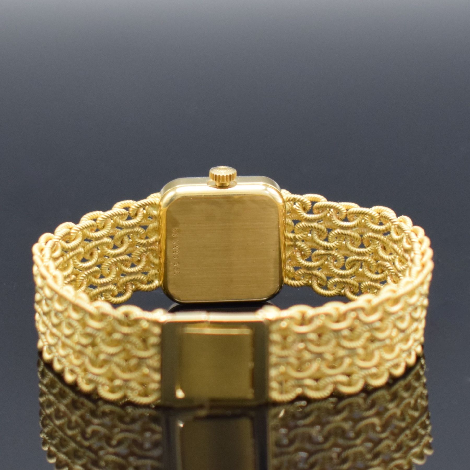 Detail f: ZENITH Damengoldbanduhr in GG 750/000, Schweiz um 1980, Handaufzug, quadrat. Geh., Boden aufgedr., aufw., anges. Band aus grav. Ösen, gold. ...