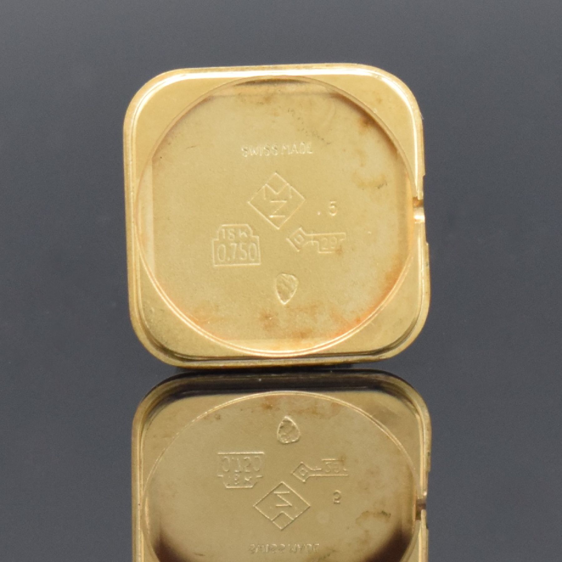 Detail h: ZENITH Damengoldbanduhr in GG 750/000, Schweiz um 1980, Handaufzug, quadrat. Geh., Boden aufgedr., aufw., anges. Band aus grav. Ösen, gold. ...