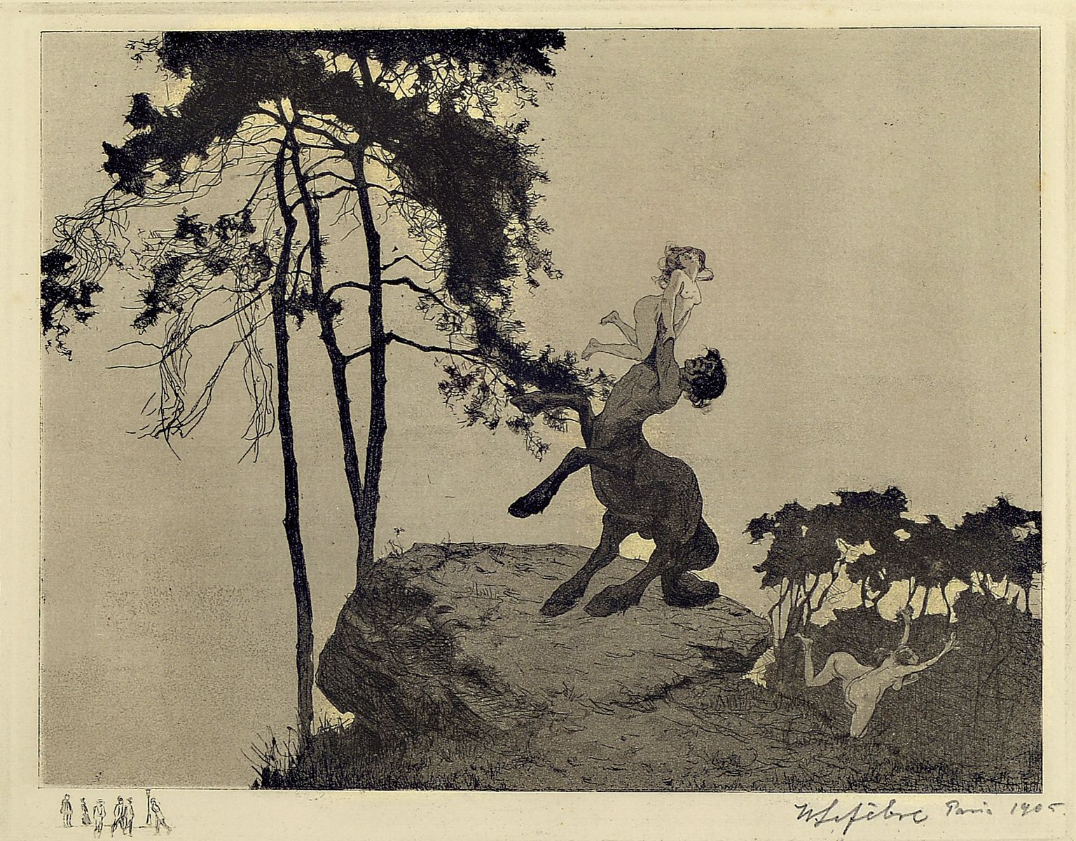 Wilhelm Lefebre, 1873 Frankfurt - 1974 Meran, Studium an der Düsseldorfer Akademie, drei Grafiken: Radierung Minotaurus mit Frauenakt, 17 x 22 cm , ...