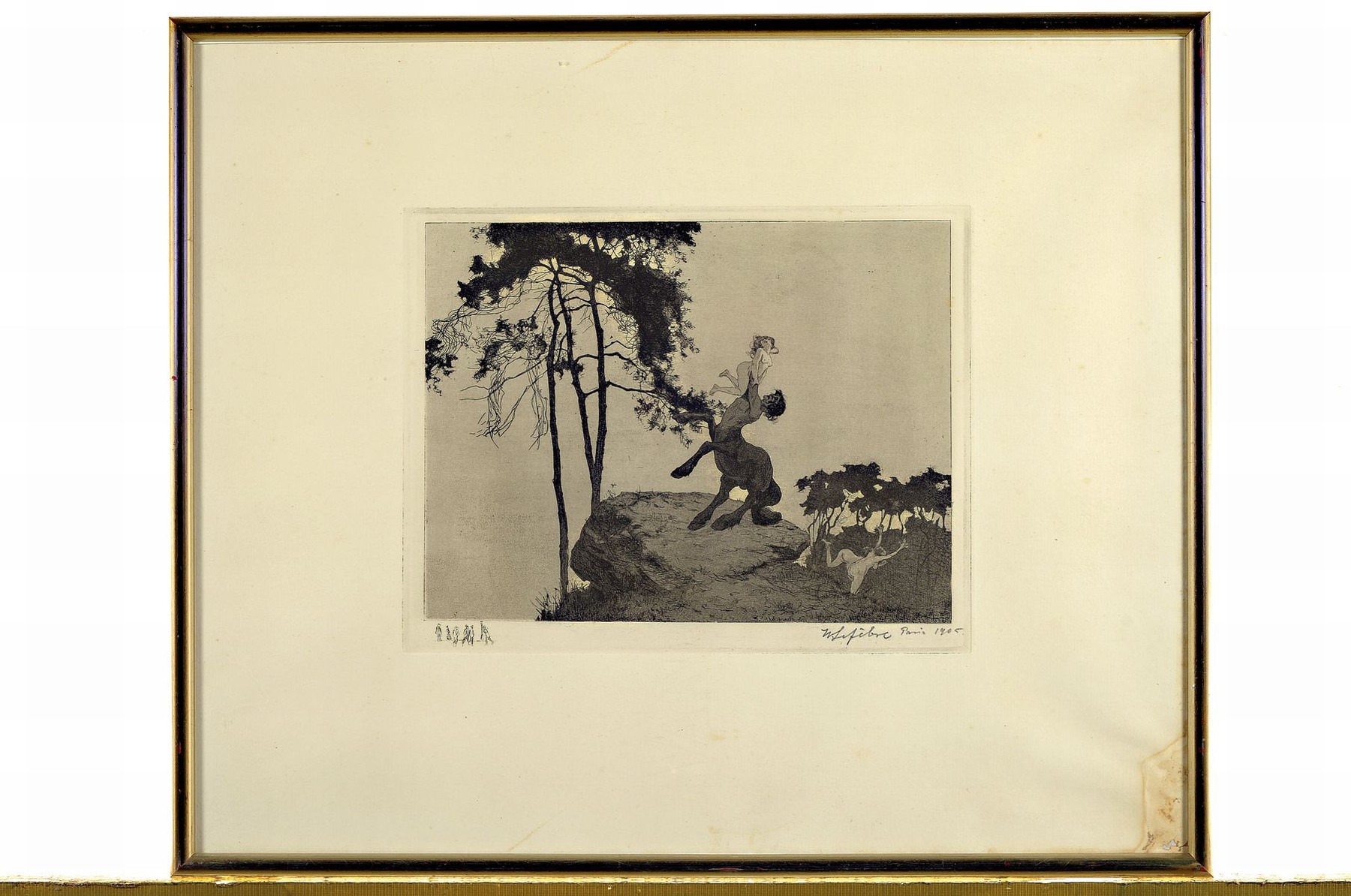 Detail k: Wilhelm Lefebre, 1873 Frankfurt - 1974 Meran, Studium an der Düsseldorfer Akademie, drei Grafiken: Radierung Minotaurus mit Frauenakt, 17 x 22 cm , ...