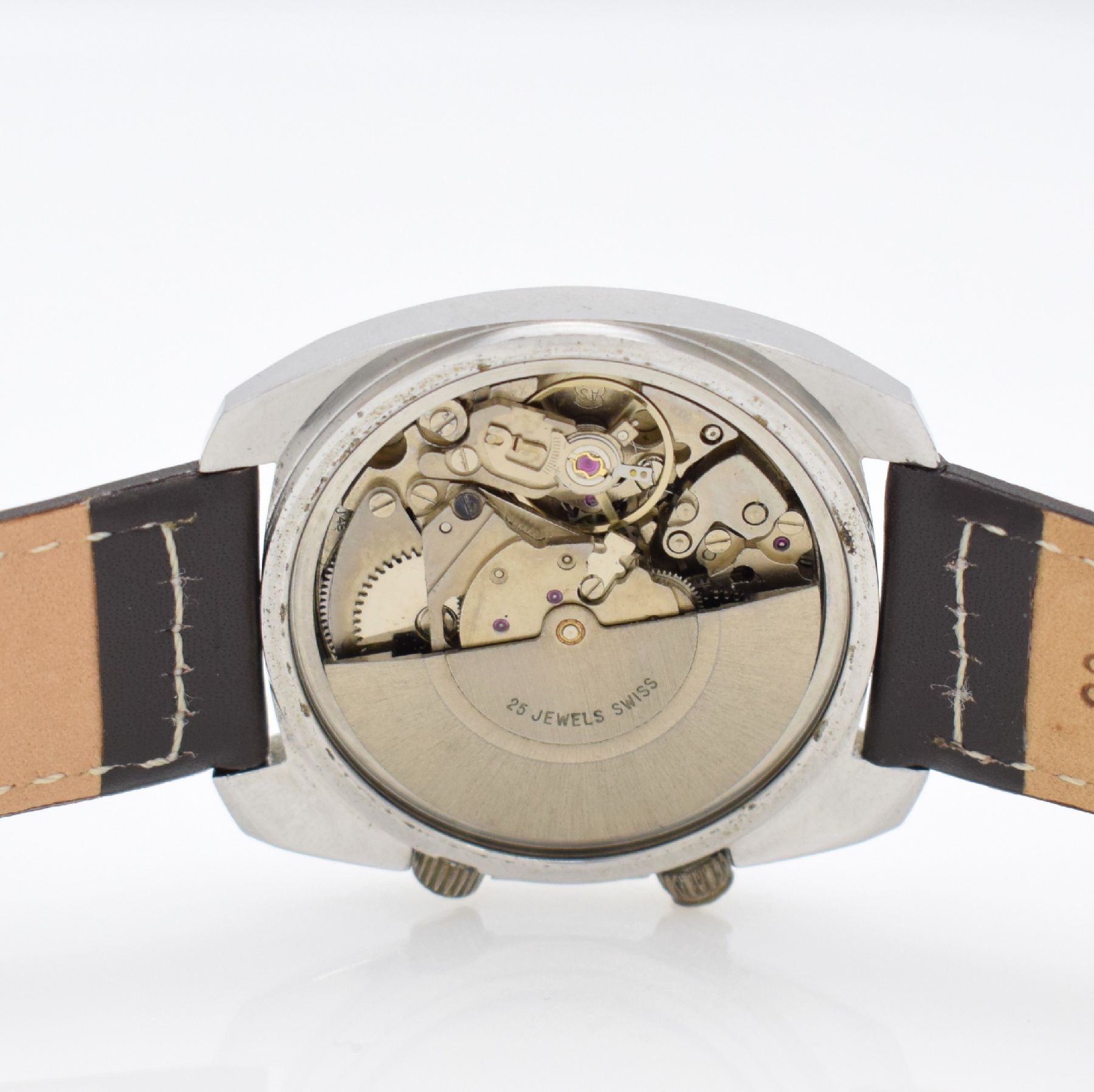 Detail e: ARCTOS Armbanduhr mit Wecker, Schweiz um 1975, Automatik, verchr. Geh. m. aufgedr. Boden, Kronen ber., silb. Zifferbl. m. aufges. Indizes, Tag & ...