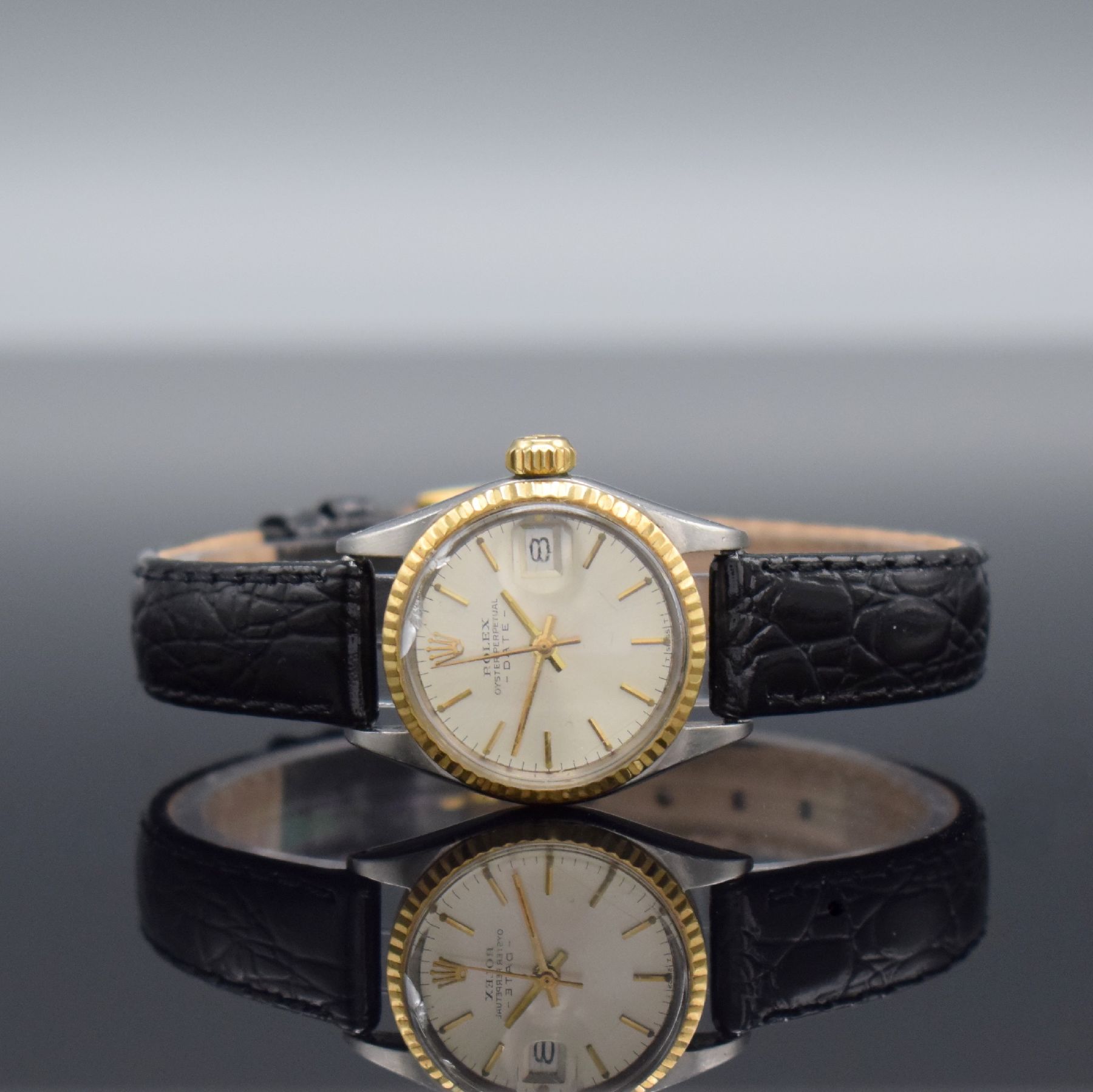 ROLEX Damenarmbanduhr Oyster Perpetual Date Referenz 6917, Automatik, Schweiz lt. Bodenstempel 3. Quartal 1969, Edelstahl/Gold kombiniert, Boden & ...