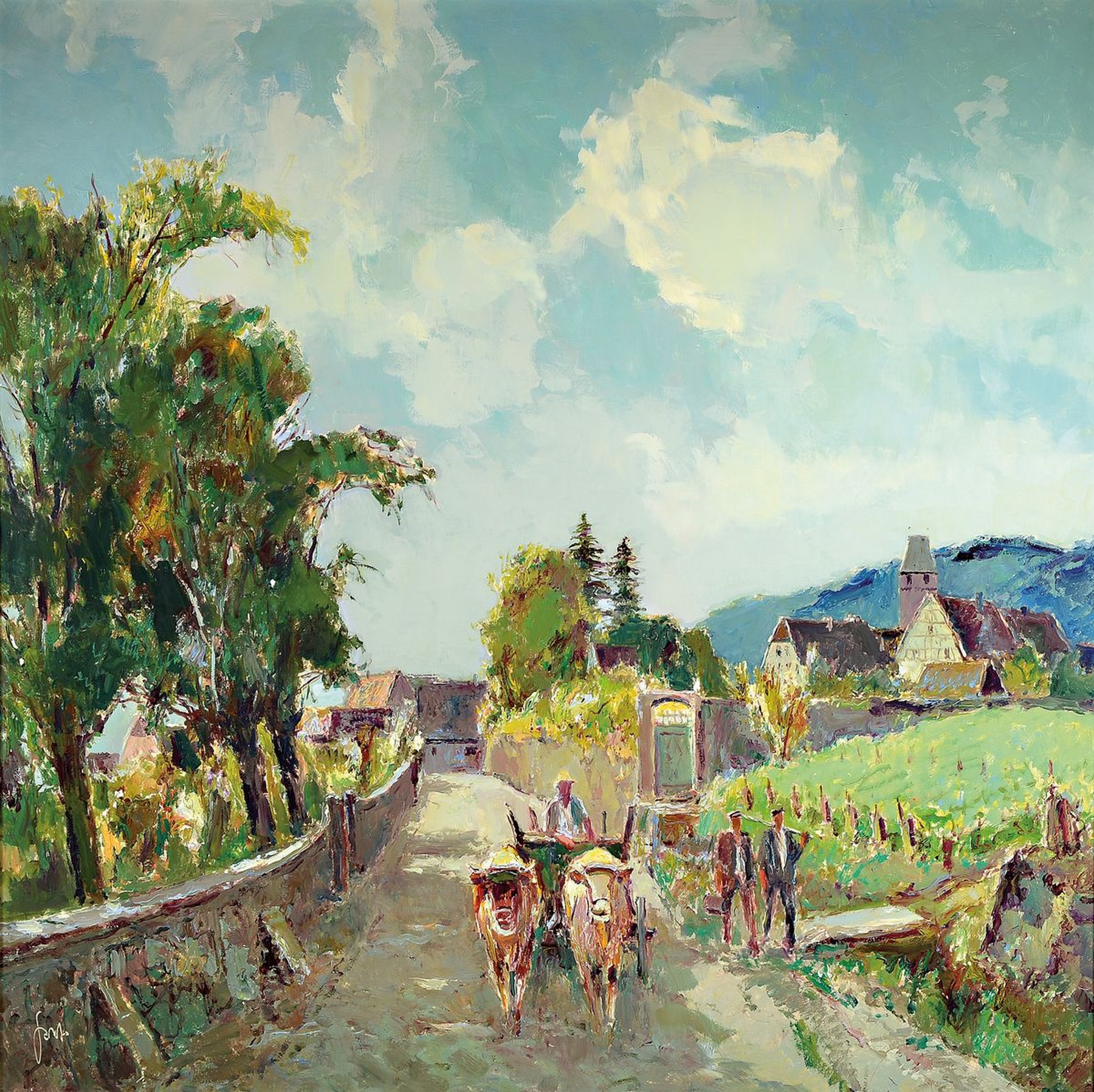 Karl Graf, 1902-1986 Speyer, Winzer mit Ochsenfuhrwerk vor einem Dorf in der Pfalz, Öl/Hartfaser, links unten signiert, ca. 100x100cm