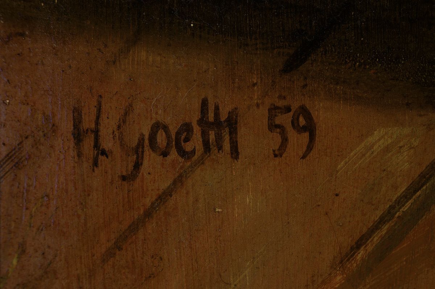 Detail a: Helmut Goettl, geb. 1943, Brennender Tannenbaum, Öl/Hartfaser, 1959, signiert, ca. 125x100cm, R. ca. 133x108cm