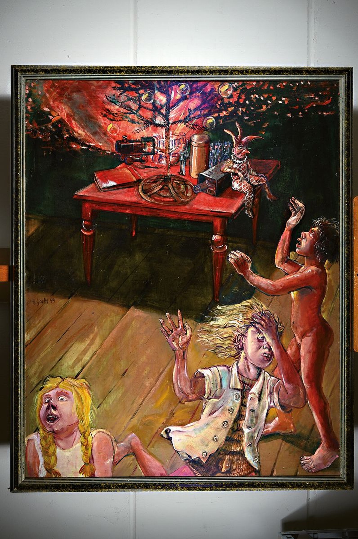 Detail k: Helmut Goettl, geb. 1943, Brennender Tannenbaum, Öl/Hartfaser, 1959, signiert, ca. 125x100cm, R. ca. 133x108cm