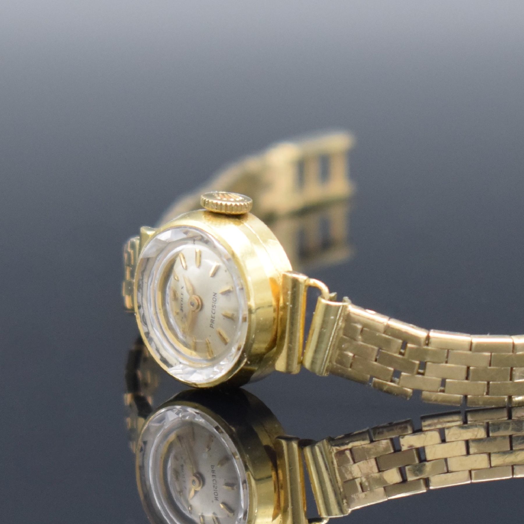 Detail b: ROLEX Precision Damenarmbanduhr in GG 750/000, Schweiz um 1960, Handaufzug, Boden aufgedr., neutr. Band in GG 585/000 auf Kundenwunsch später, silb. ...