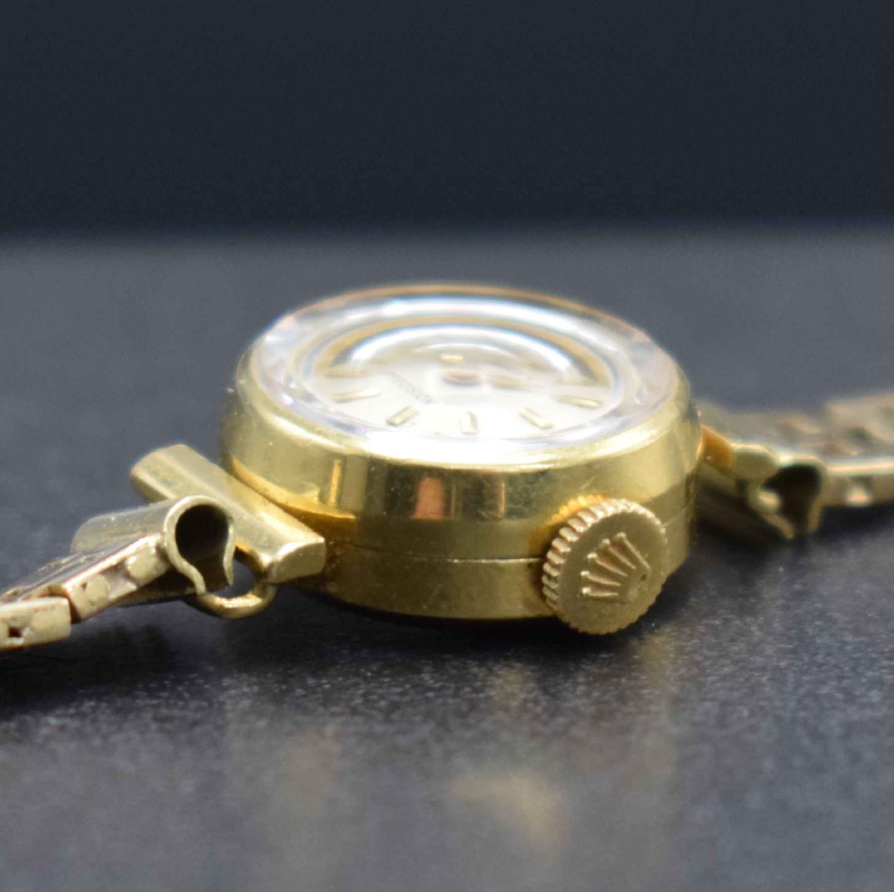 Detail d: ROLEX Precision Damenarmbanduhr in GG 750/000, Schweiz um 1960, Handaufzug, Boden aufgedr., neutr. Band in GG 585/000 auf Kundenwunsch später, silb. ...
