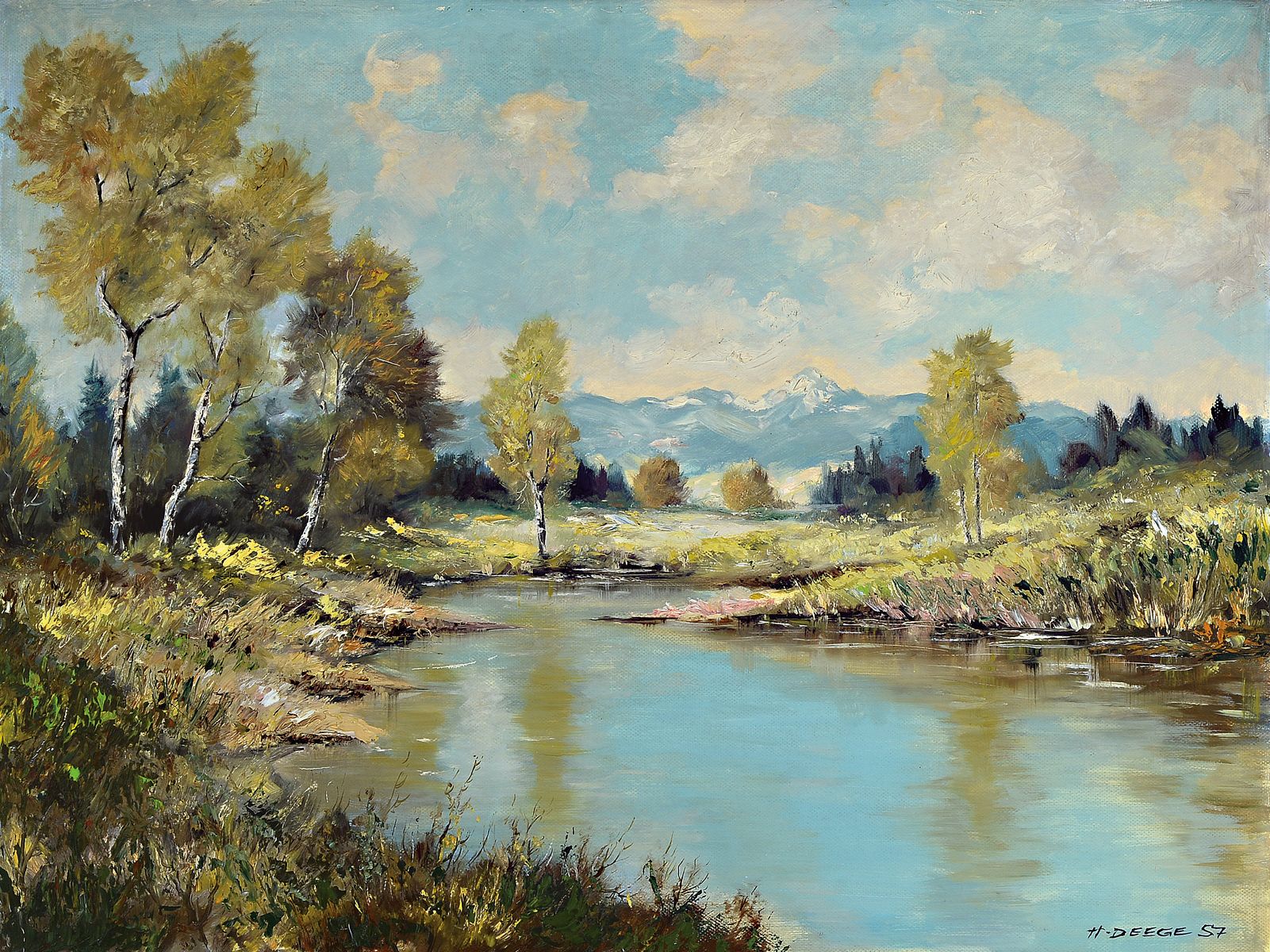 Heiner Deege, 1920-2007 Haßloch, Landschaft im Dachauer Moos, im Hintergrund Alpenpanorama, Öl/Malkarton, rechts unten signiert und dat. 57, ca. ...