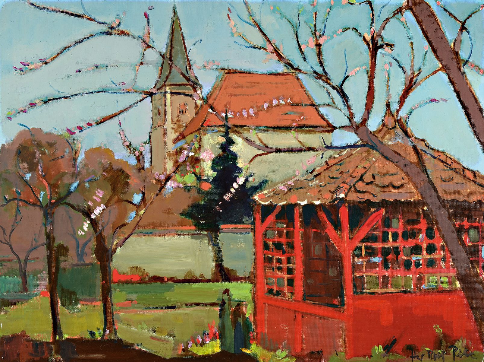 Hans Rolf Peter, 1926-2020 Neustadt/Wstr., Das Gartenhaus mit Blick auf die Christus- Kirche in Haßloch, der rote Pavillon steht heute auf dem ...