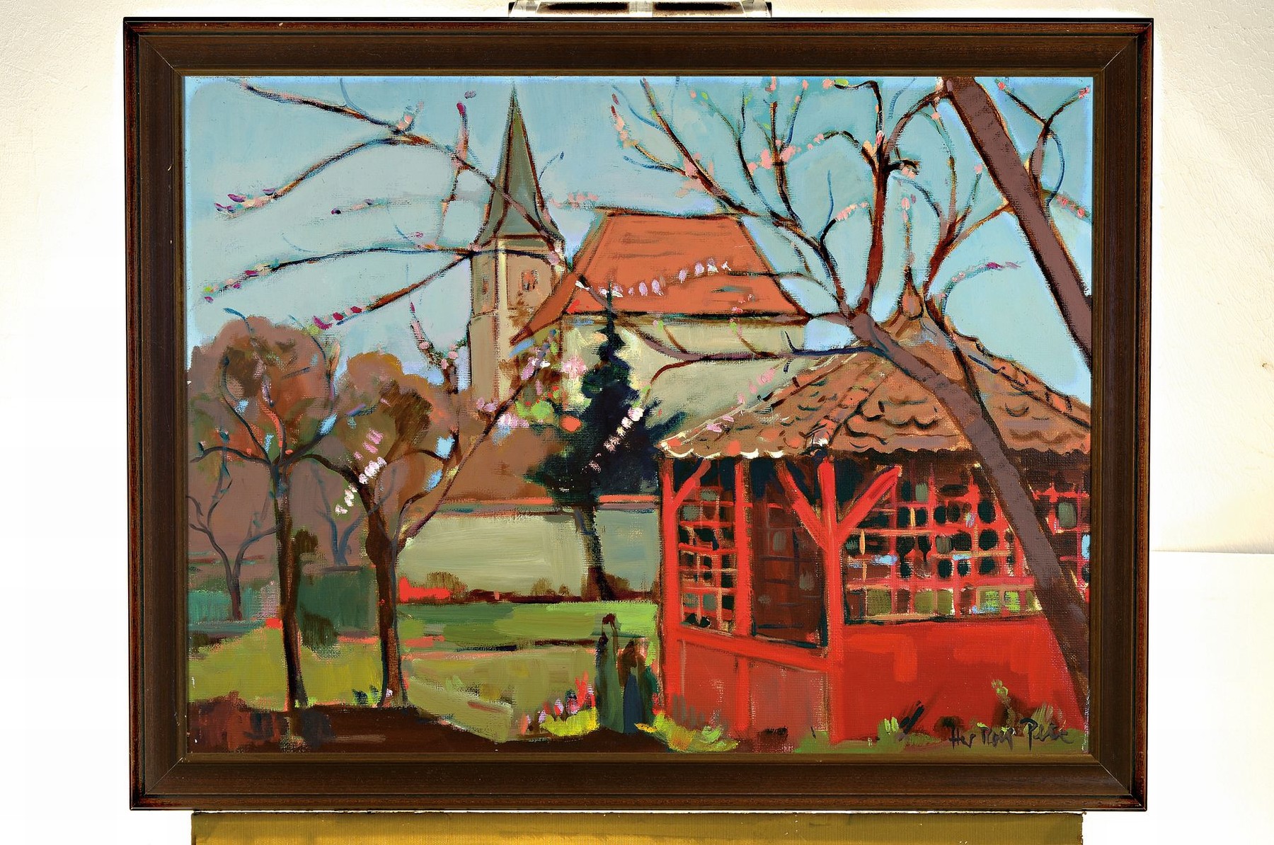 Detail k: Hans Rolf Peter, 1926-2020 Neustadt/Wstr., Das Gartenhaus mit Blick auf die Christus- Kirche in Haßloch, der rote Pavillon steht heute auf dem ...