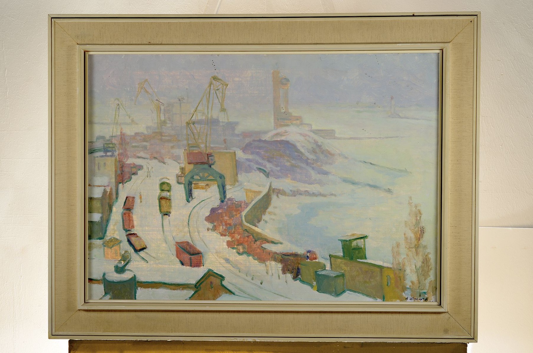 Detail k: Andrej Scheluto (Anreevich Shelyuto), 1906 - 1984, Odessa-Hafen im Winter, Öl/Lwd, re. unten bezeichnet, rückseitig auf Leinwand bezeichnet und ...
