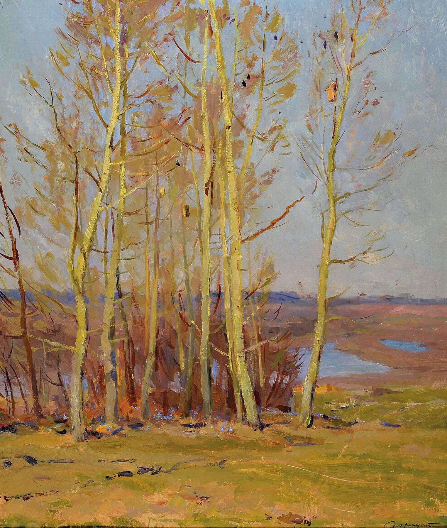 Zuschreibung Aleksei Mikhailovich Gritsai, St. Petersburg 1915 - 1997 Moskau, Landschaft mit Linden, Öl/Malkarton, re. unten kyrillisch signiert, ...