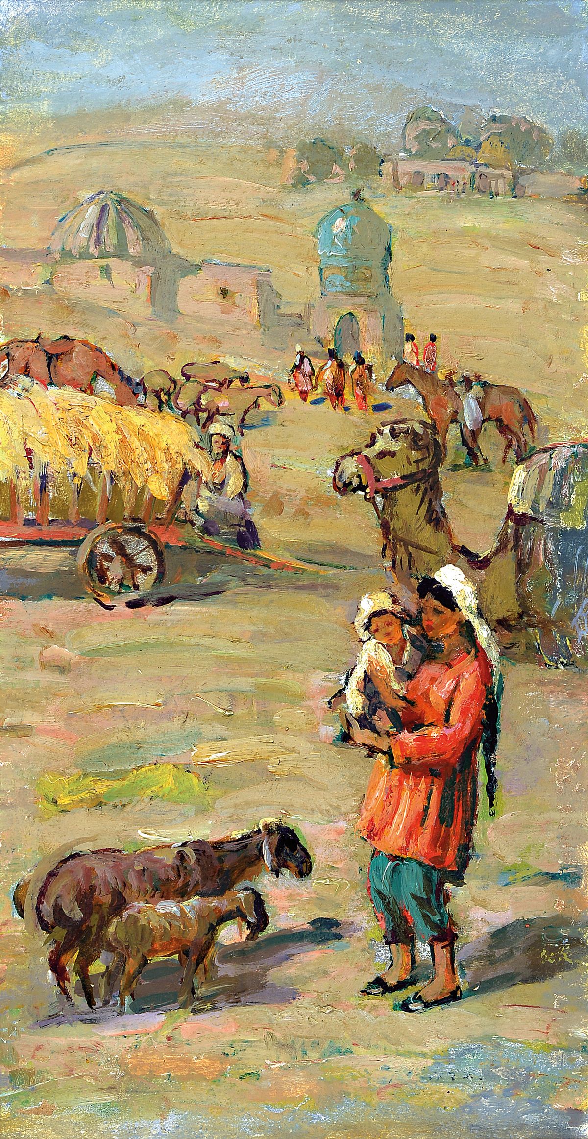 P. Suchkov, russischer Künstler, wohl 80er Jahre, Tiermarkt, Öl/Karton, rückseitig auf Etikett bezeichnet, ca. 16 x 30 cm, Rahmen 43 x 27 cm