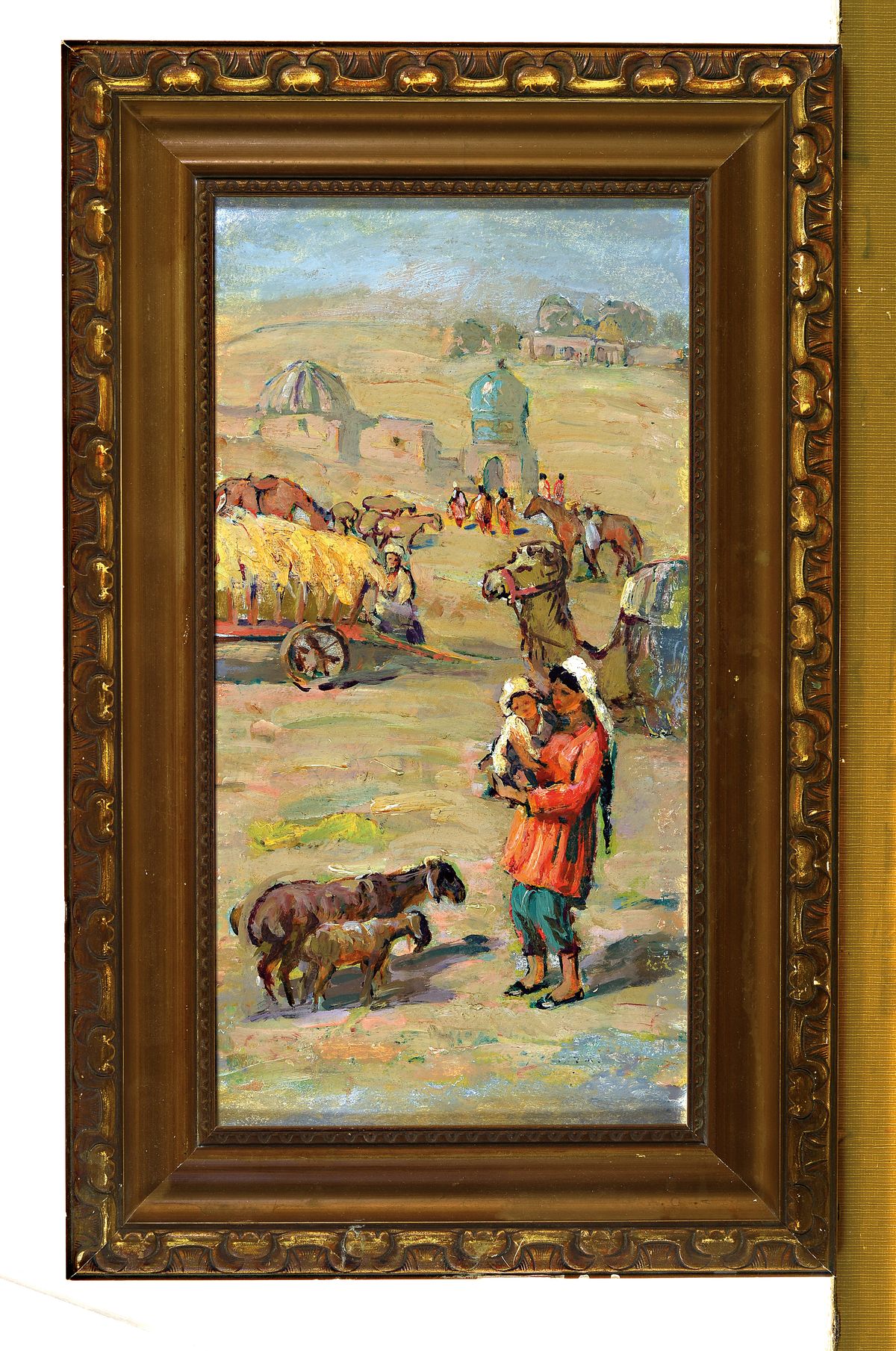 Detail k: P. Suchkov, russischer Künstler, wohl 80er Jahre, Tiermarkt, Öl/Karton, rückseitig auf Etikett bezeichnet, ca. 16 x 30 cm, Rahmen 43 x 27 cm