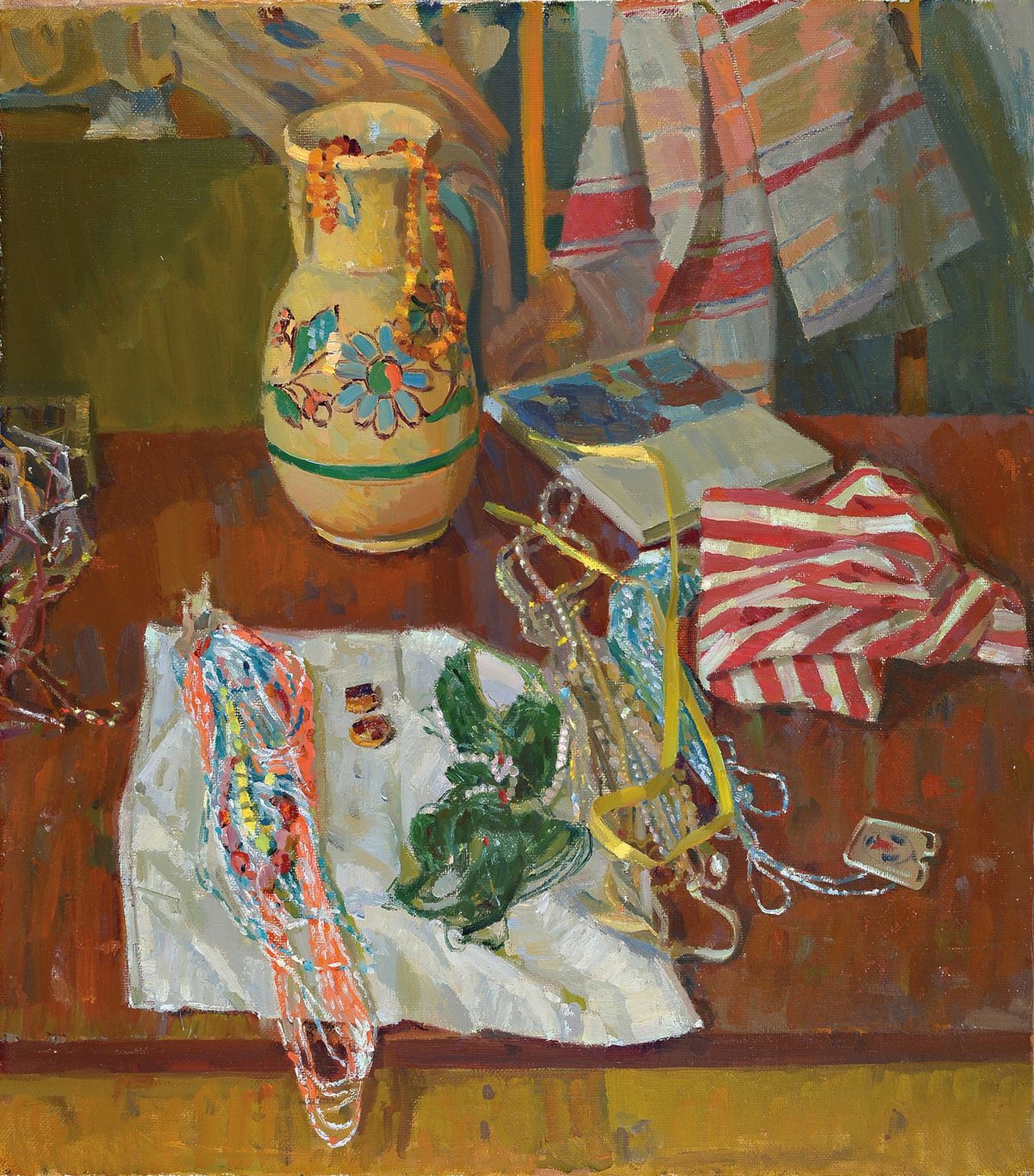 Ukrainischer Künstler, 2. Hälfte 20. Jh., Stillleben mit Krug und Schmuck, unsigniert, ca. 84 x 75 cm, rückseitig unleserlich bezeichnet