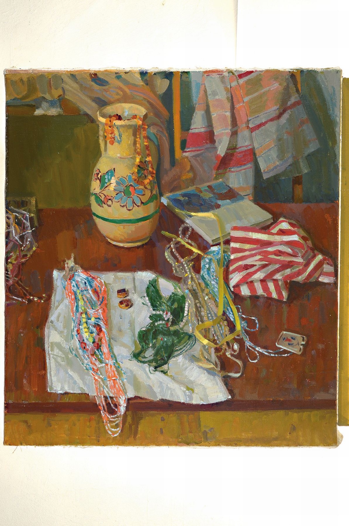 Detail k: Ukrainischer Künstler, 2. Hälfte 20. Jh., Stillleben mit Krug und Schmuck, unsigniert, ca. 84 x 75 cm, rückseitig unleserlich bezeichnet