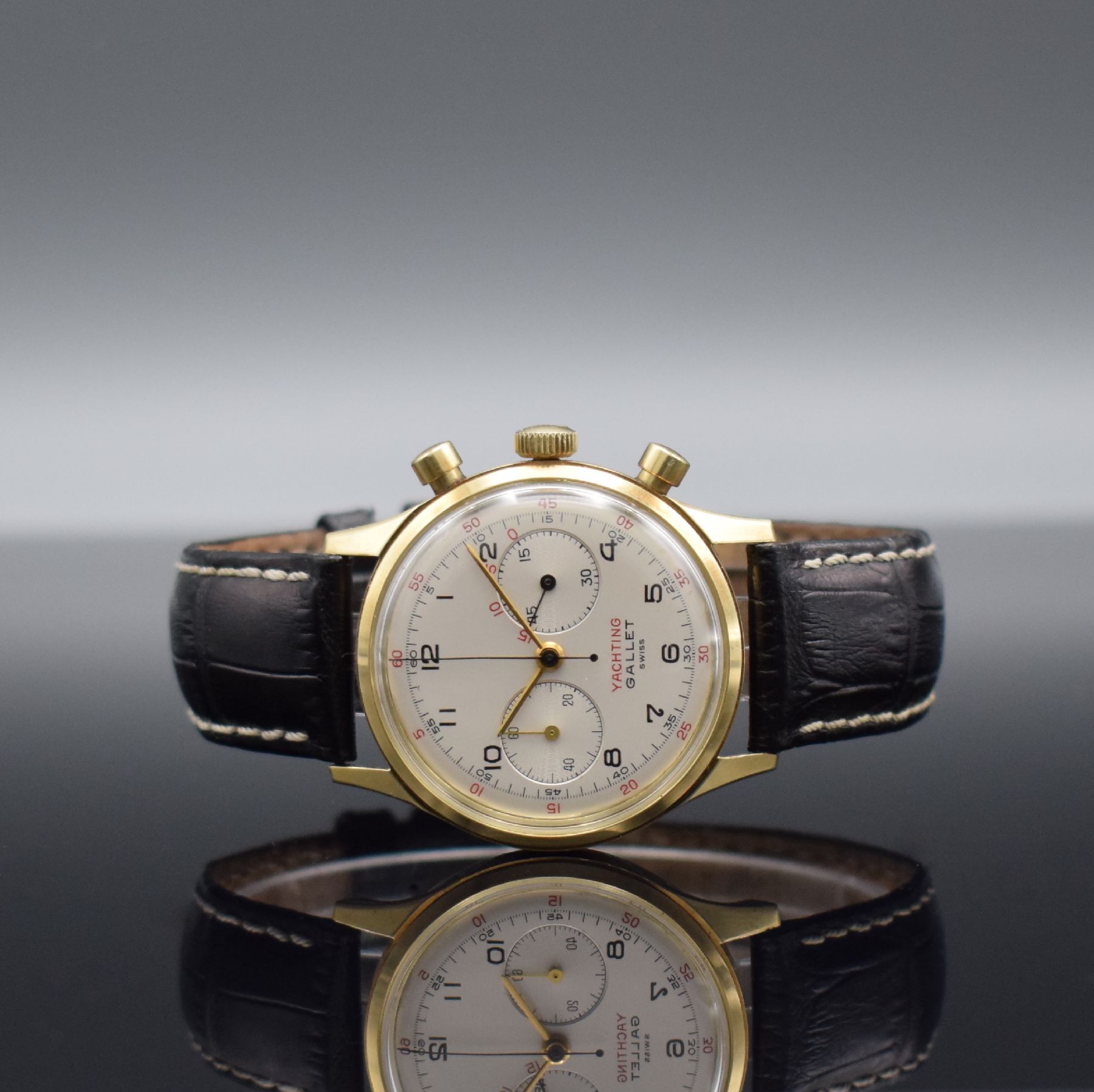 GALLET Yachting-Chronograph im verschraubtem GG 585/000 Gehäuse mit Kal. Excelsior Park 4- 68, Schweiz um 1960, 2-teil. Geh., silb. Zifferbl. m. ...