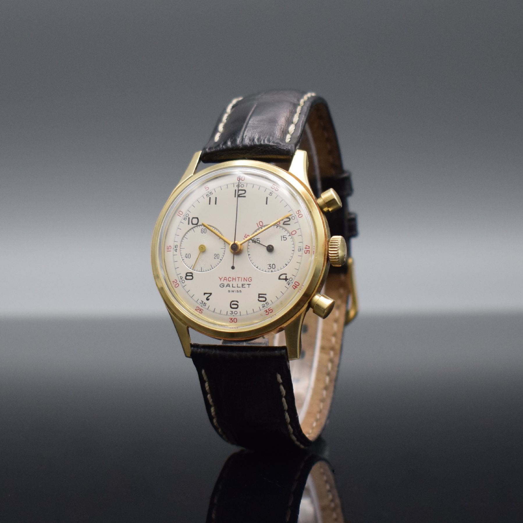 Detail b: GALLET Yachting-Chronograph im verschraubtem GG 585/000 Gehäuse mit Kal. Excelsior Park 4- 68, Schweiz um 1960, 2-teil. Geh., silb. Zifferbl. m. ...