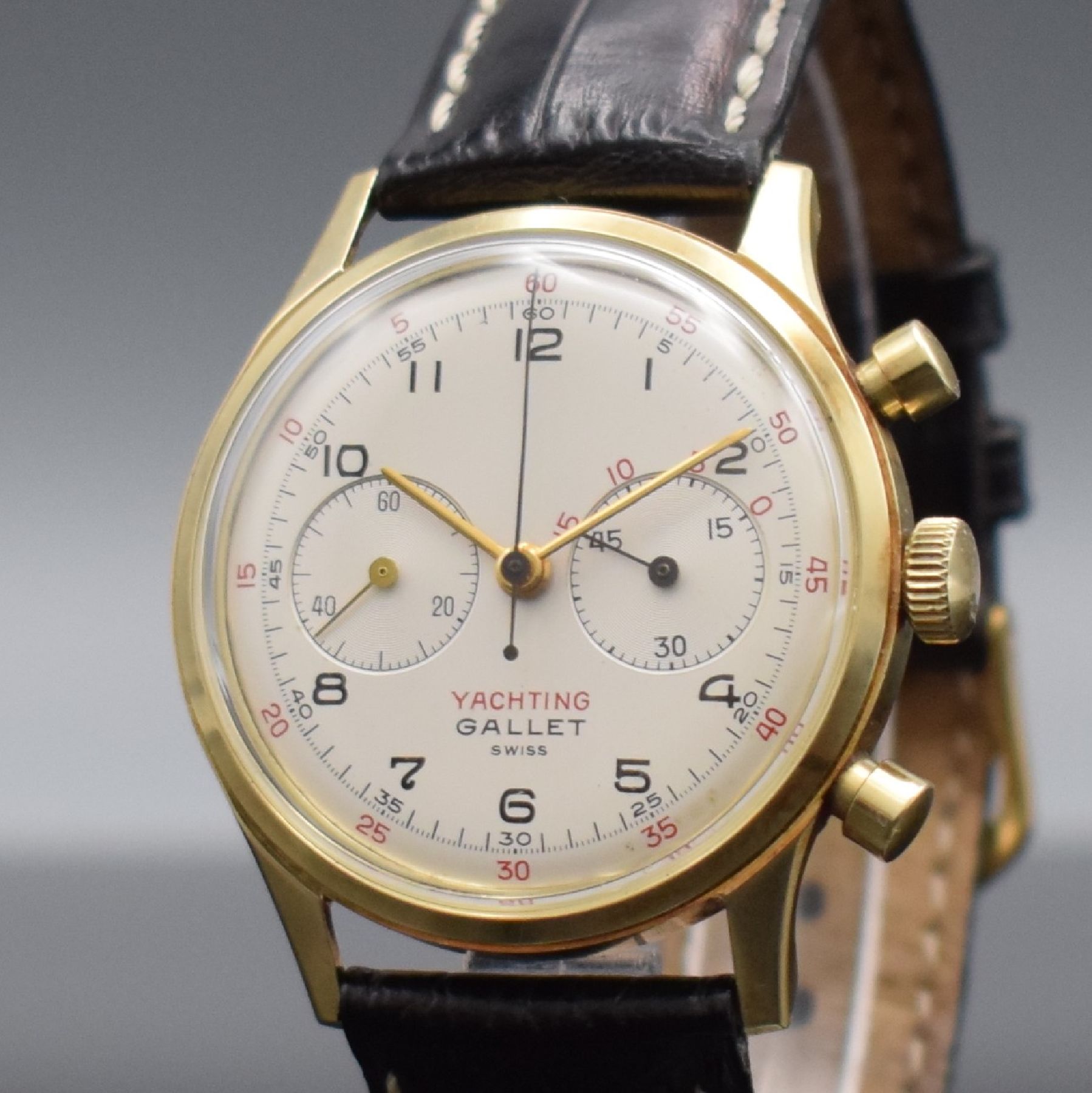 Detail c: GALLET Yachting-Chronograph im verschraubtem GG 585/000 Gehäuse mit Kal. Excelsior Park 4- 68, Schweiz um 1960, 2-teil. Geh., silb. Zifferbl. m. ...