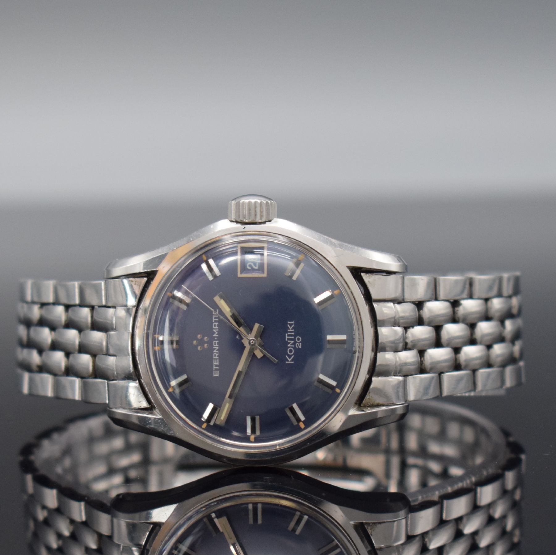ETERNA-MATIC KonTiki 20 Herrenarmbanduhr in Stahl & original Gay Freres Stahlband, Schweiz um 1970, Automatik, 2-teil. Gehäuse Ref. 130TT, Boden m. ...