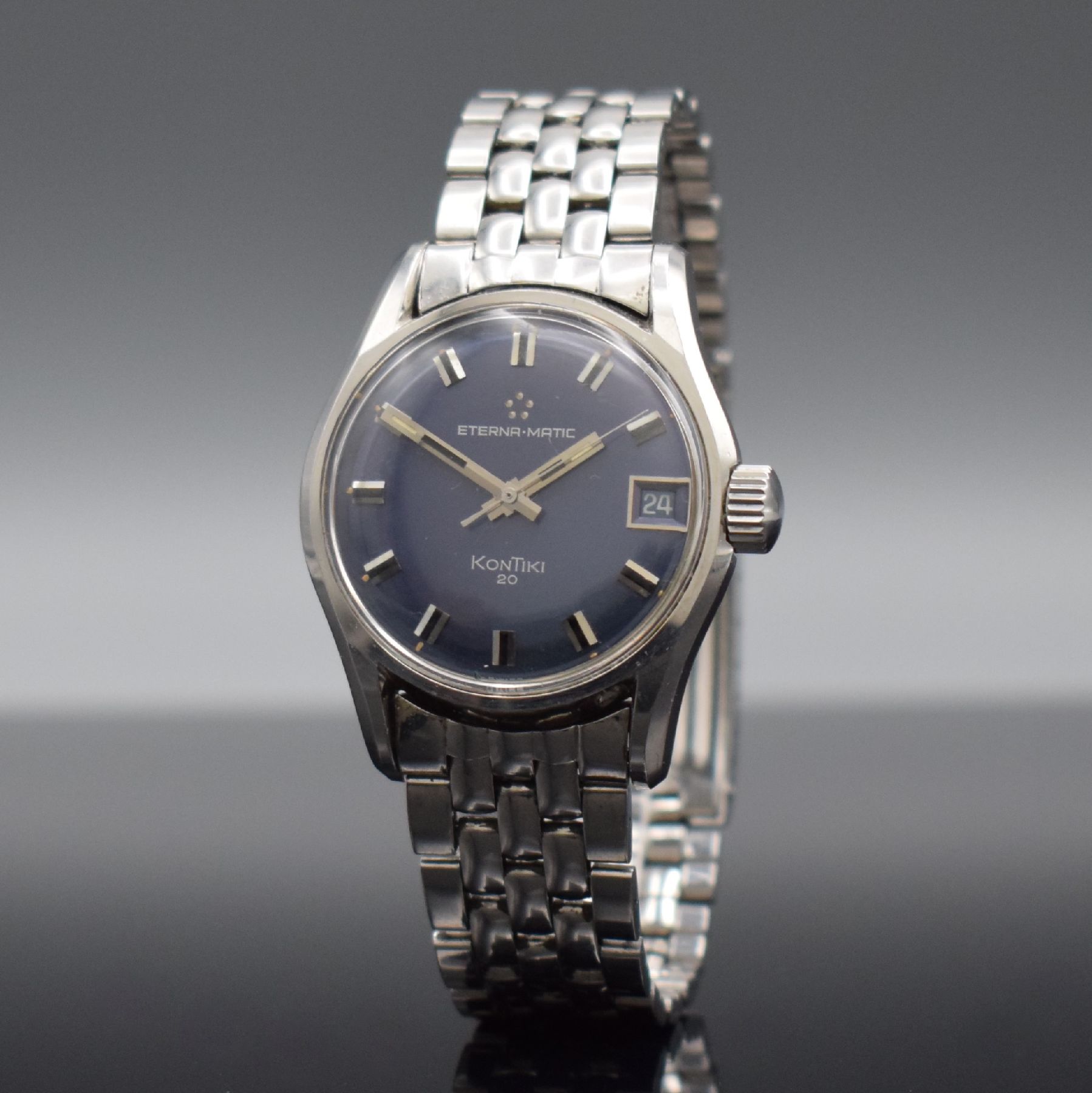 Detail b: ETERNA-MATIC KonTiki 20 Herrenarmbanduhr in Stahl & original Gay Freres Stahlband, Schweiz um 1970, Automatik, 2-teil. Gehäuse Ref. 130TT, Boden m. ...