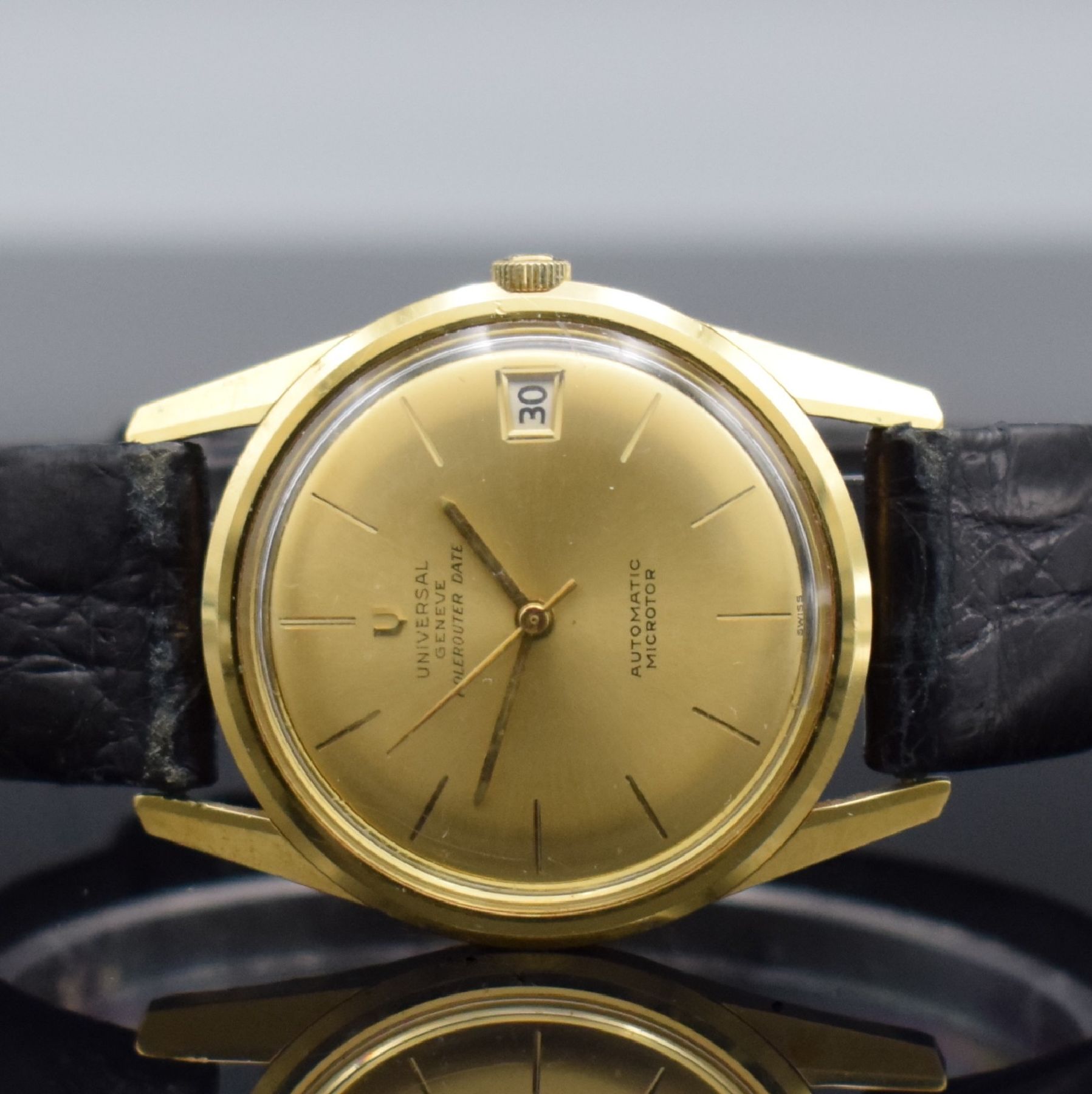 Detail a: UNIVERSAL GENEVE Polrouter Date Herrenarmbanduhr in GG 750/000 mit Kal. 215-2, Schweiz um 1965, Automatik, verschr. Geh. Ref. 104602/1, gold. ...