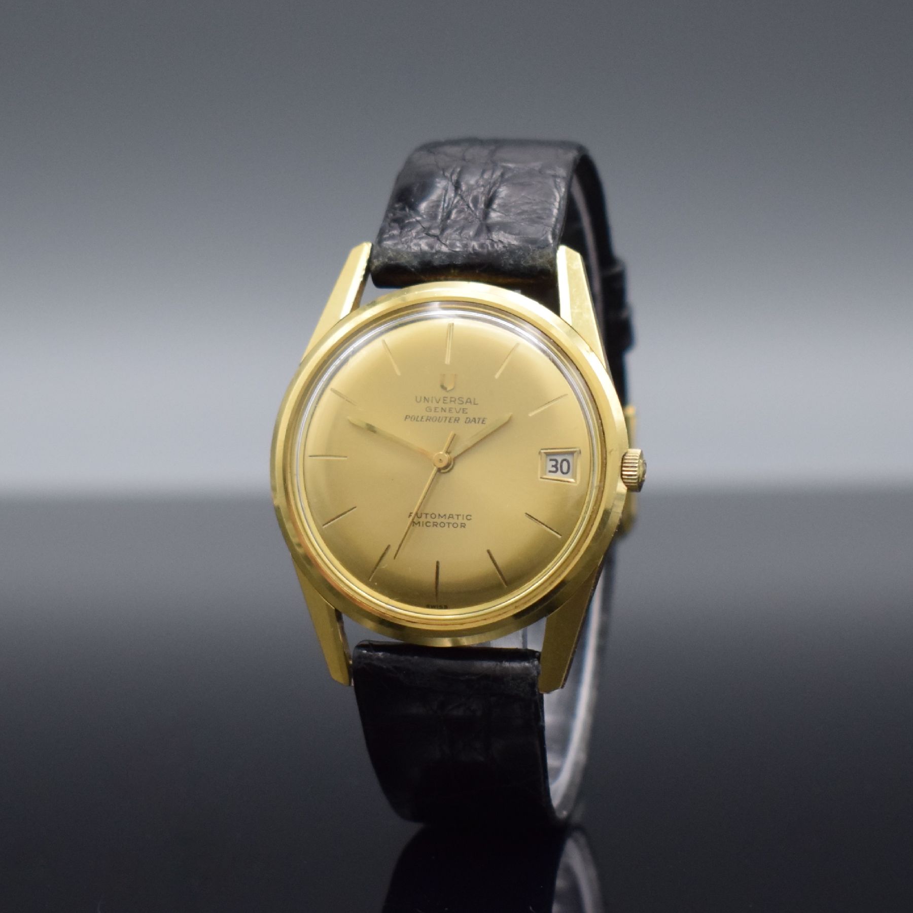 Detail b: UNIVERSAL GENEVE Polrouter Date Herrenarmbanduhr in GG 750/000 mit Kal. 215-2, Schweiz um 1965, Automatik, verschr. Geh. Ref. 104602/1, gold. ...