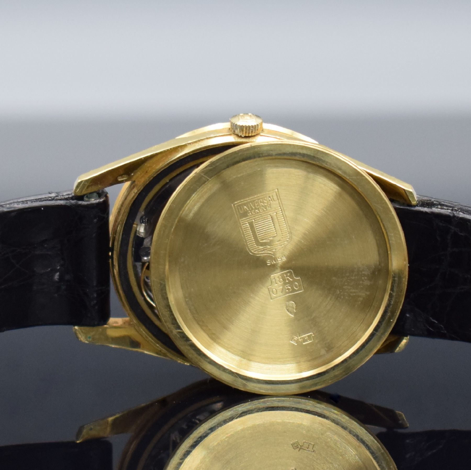 Detail h: UNIVERSAL GENEVE Polrouter Date Herrenarmbanduhr in GG 750/000 mit Kal. 215-2, Schweiz um 1965, Automatik, verschr. Geh. Ref. 104602/1, gold. ...