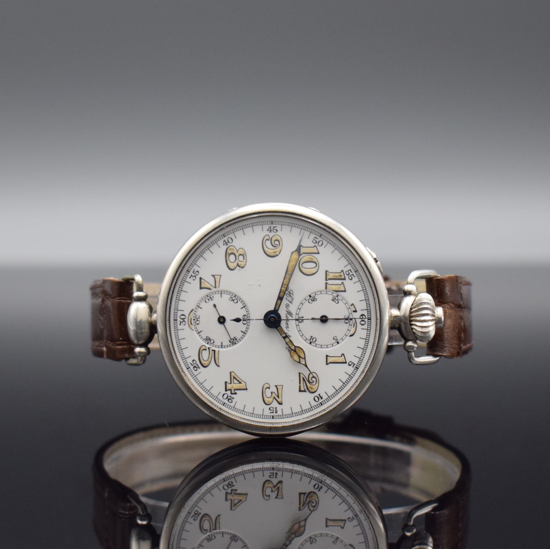 Hy MOSER & Co. seltener früher großer Herrenchronograph in Silber, Schweiz um 1915, Handaufzug, glattes Scharniergeh., Glasrand aufgedr., bewegl. ...