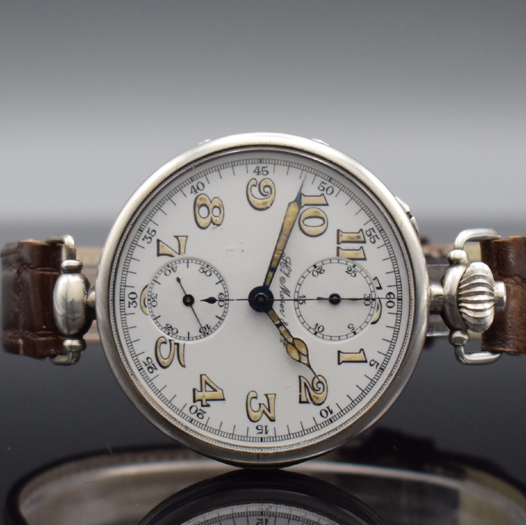 Detail a: Hy MOSER & Co. seltener früher großer Herrenchronograph in Silber, Schweiz um 1915, Handaufzug, glattes Scharniergeh., Glasrand aufgedr., bewegl. ...